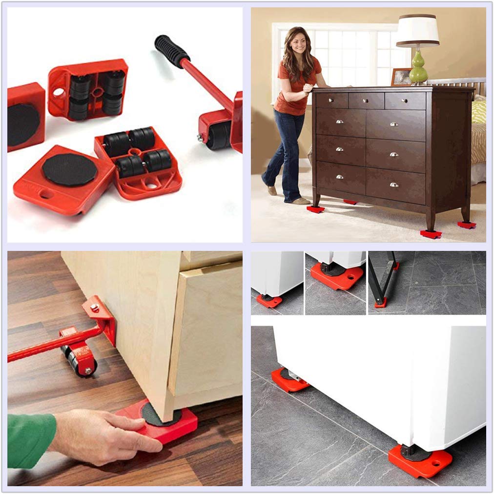 Heavy Duty Furniture Lifter Set - 1 Lifting Rod & 4 Moving Rollers for Appliances, Couches, Beds - Durable Home & Office Moving Tools (Red) - Perfect for Moving Heavy Furniture on Hardwood & Carpet Floors