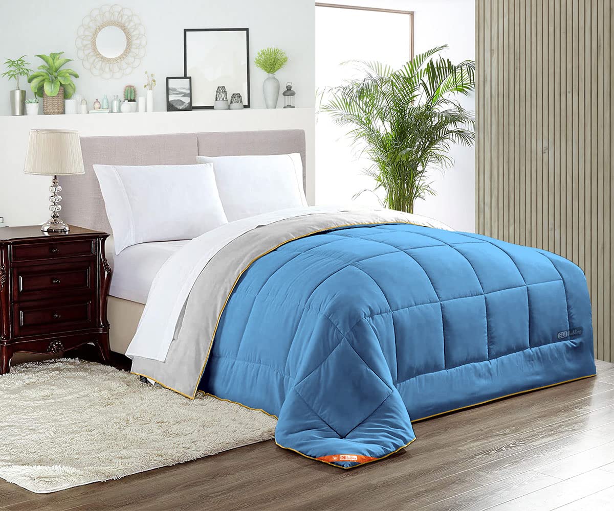 Premium Down Alternative King Comforter - Light Grey & Mediterranean Blue - 300 GSM Plush Siliconized Fiberfill - Box Stitched Quilted Design - 600 TC Egyptian Cotton Cover with Golden Piping - Ultra Soft All-Season Bedding for Master Bedroom, Guest Room & Luxury Hotels