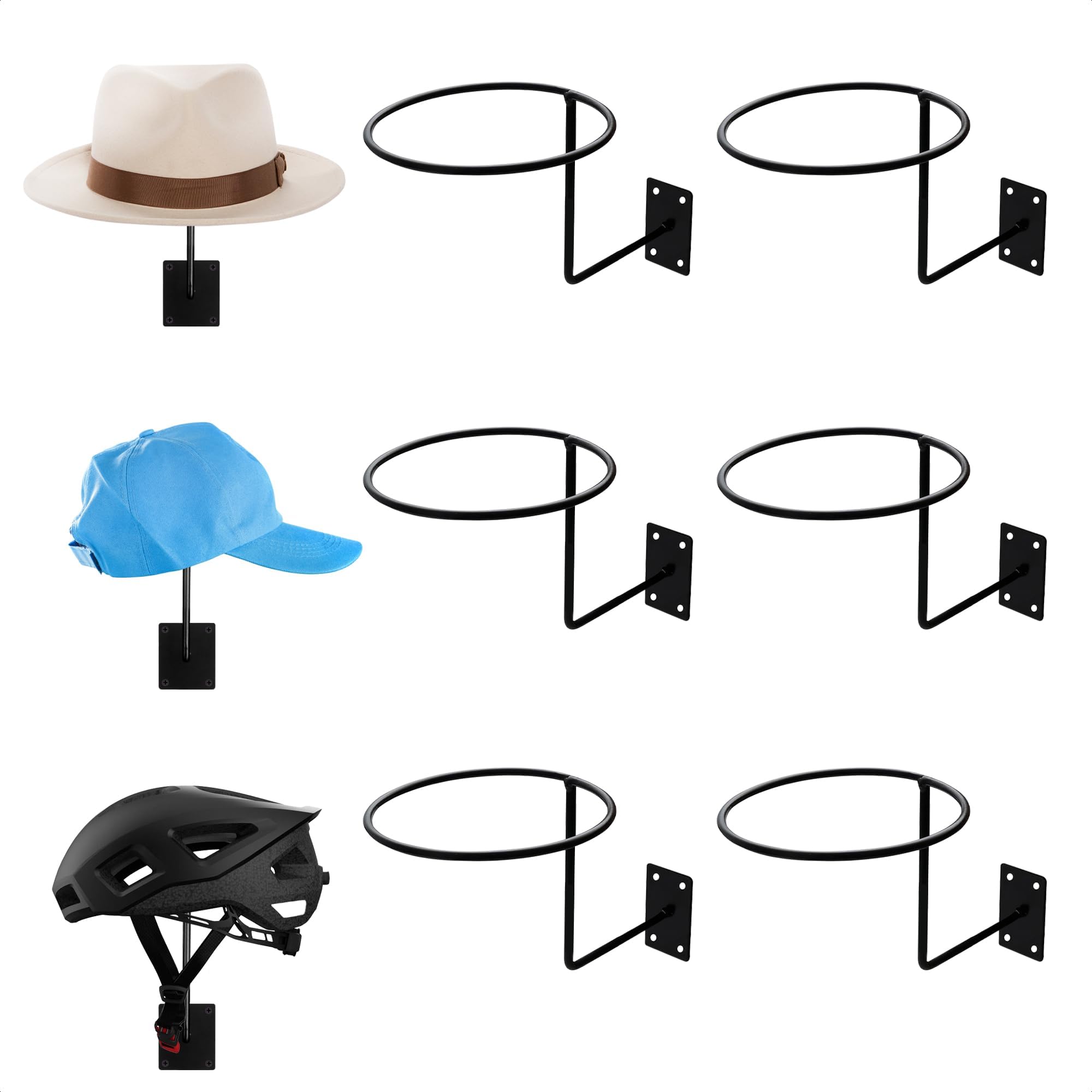 BURIUS 9-Piece Heavy Duty Wall Mount Helmet & Hat Holder - Sturdy Metal Hook Rack for Helmets, Cowboy Hats, Caps & Accessories - Easy Installation, 35 lb Weight Capacity - Perfect for Garage, Entryway & Closet Organization