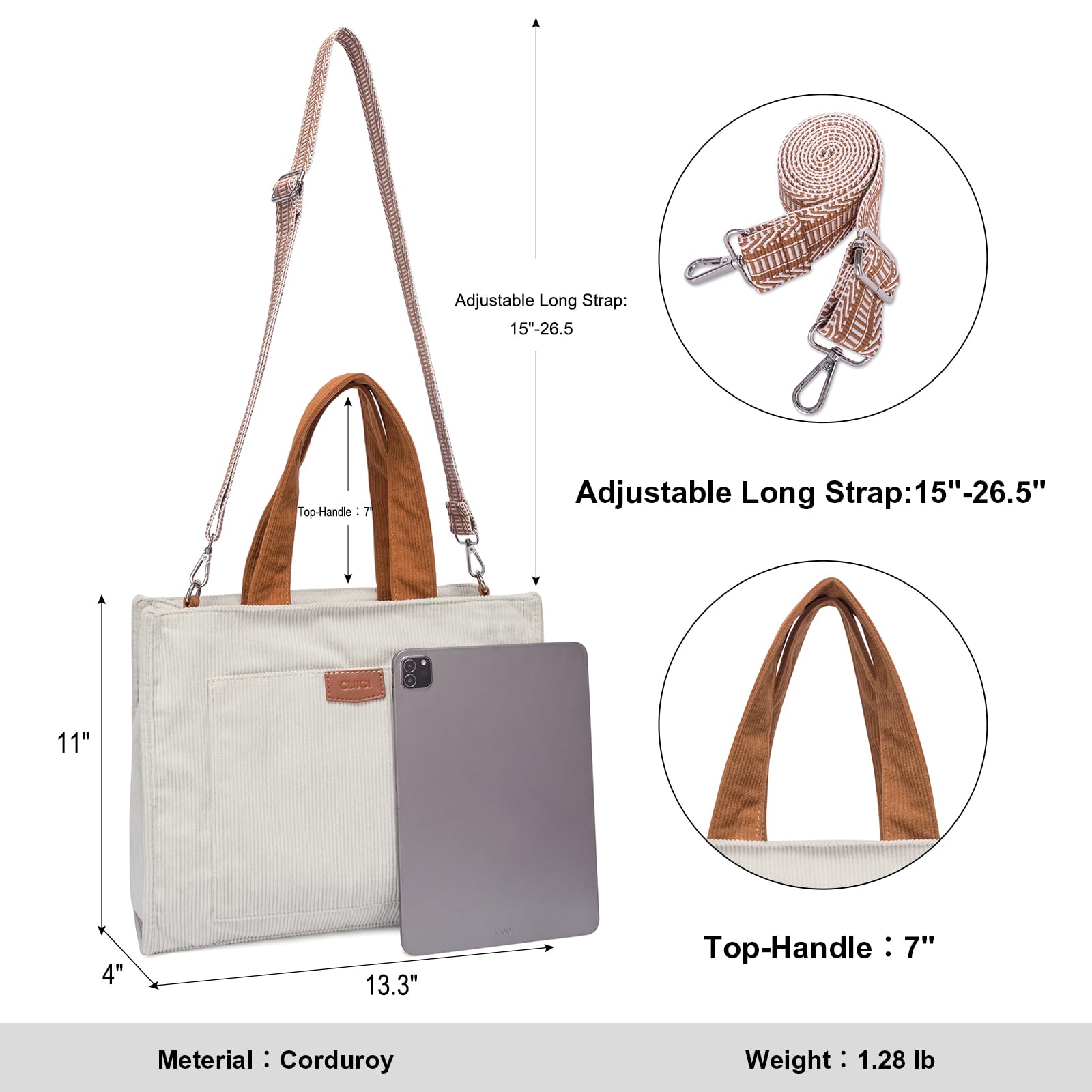 CLUCI Women's Corduroy Tote Bag with Zipper - Stylish Casual Shoulder Handbag & Hobo Purse for Work, Travel and Everyday Use