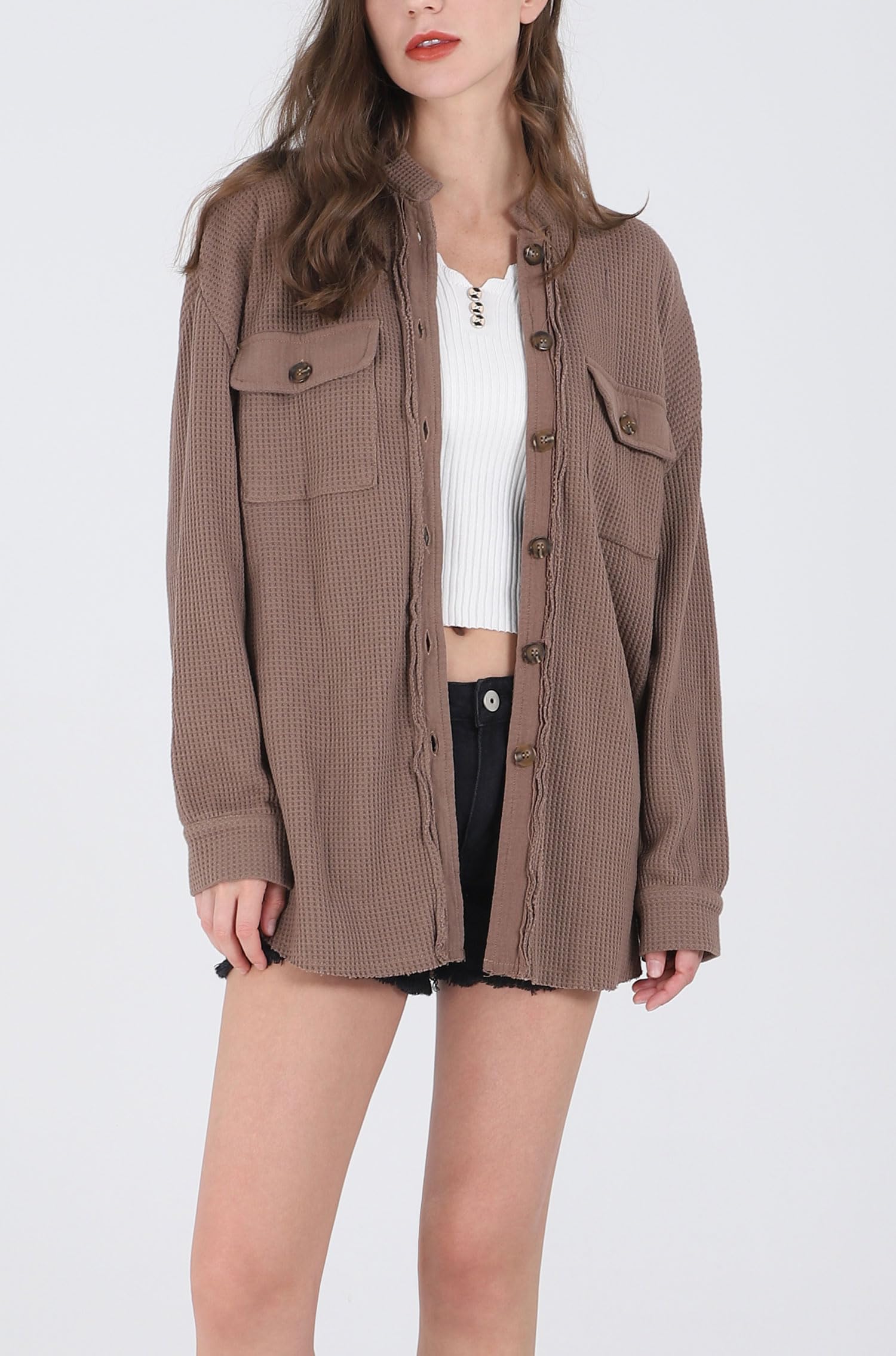 Women's Loose Fit Batwing Sleeve Waffle Knit Button Down Shirt Shacket Top - Casual Long Sleeve Oversized Blouse for Fall Layering, Workwear & Street Style Fashion