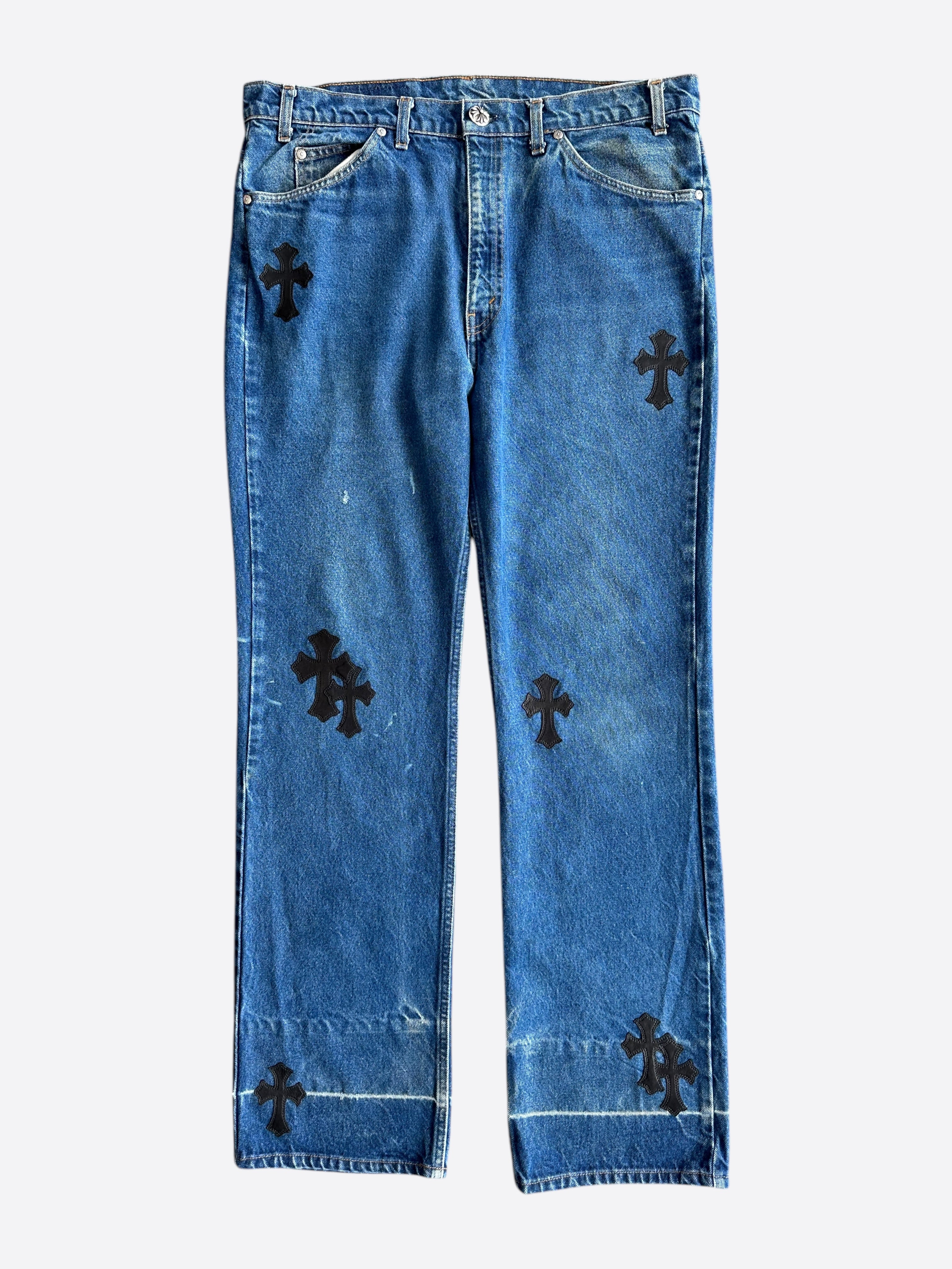 Chrome Hearts x Levi's Blue & Black Cross Patch Denim Jeans for Men - Stylish Vintage Streetwear for Casual Outfits and Night Out