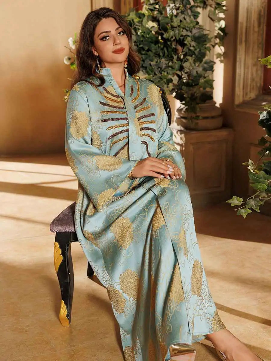 Elegant Jacquard Beaded Caftan Dress for Women - Boho Maxi Kaftan with Intricate Embroidery - Perfect for Eid Celebrations, Weddings & Special Occasions