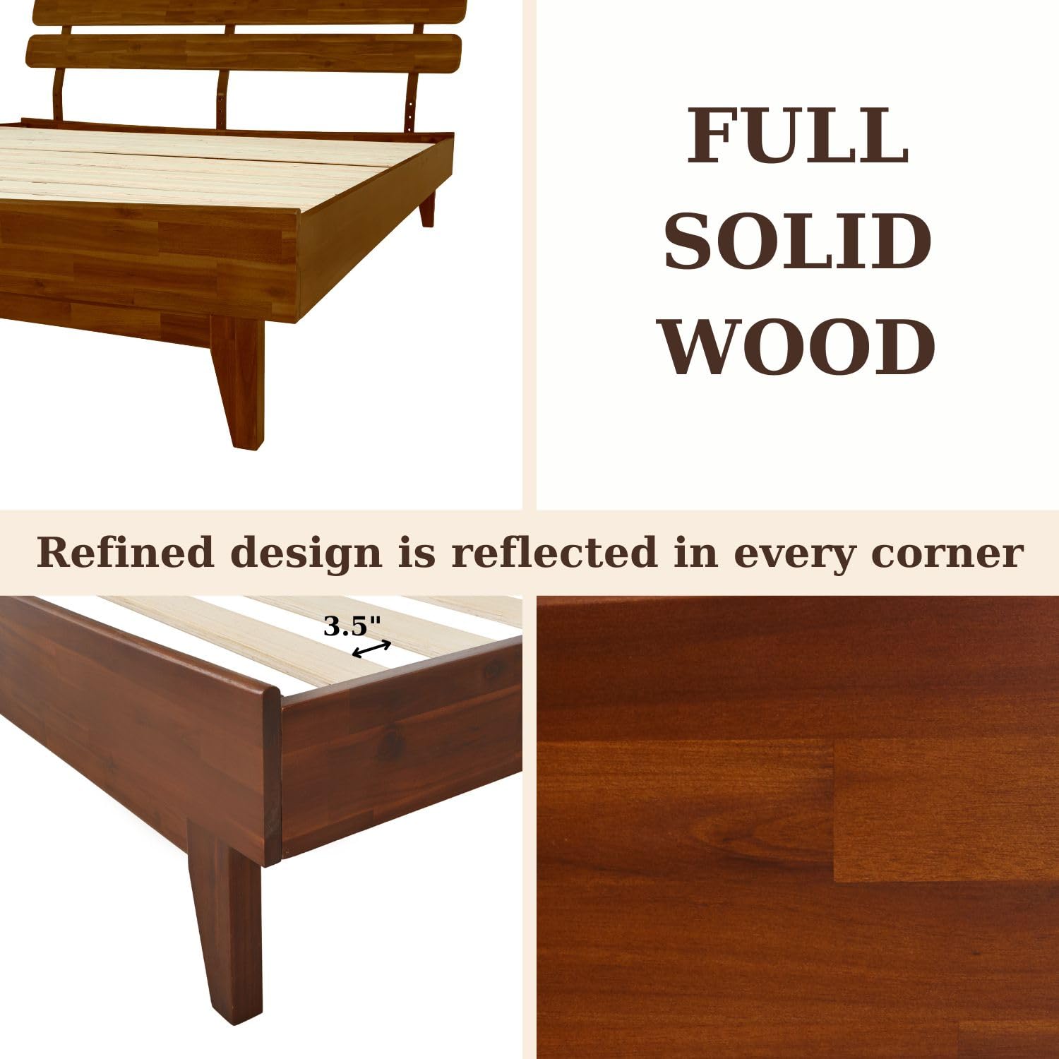 Bme Caden 15 Inch Deluxe Bed Frame with Adjustable Headboard - Mid Century Modern King Size Platform Bed - Solid Acacia Wood Construction - No Box Spring Needed - 12 Sturdy Wood Slats Support - Easy Assembly - Dark Chocolate Finish - Perfect for Master Bedroom, Guest Room & Modern Home Decor