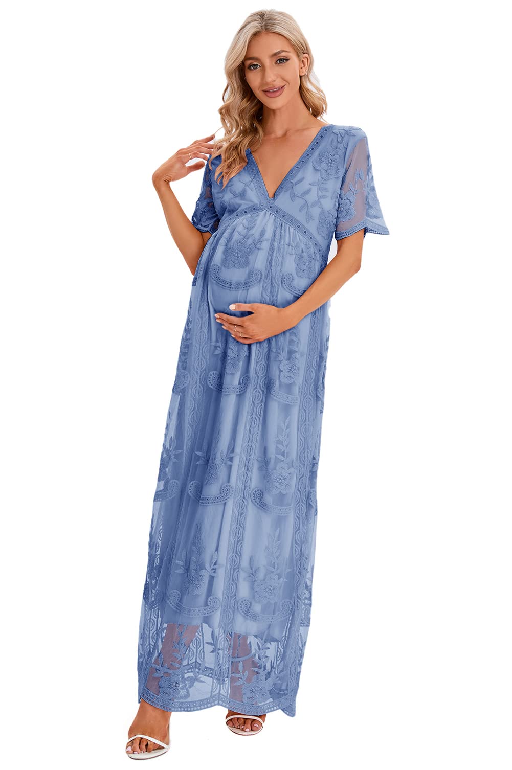 ZIUMUDY Floral Lace V-Neck Maternity Wedding Dress with Short Sleeves - Elegant Long Dress for Pregnancy Photoshoot, Baby Shower & Special Occasions