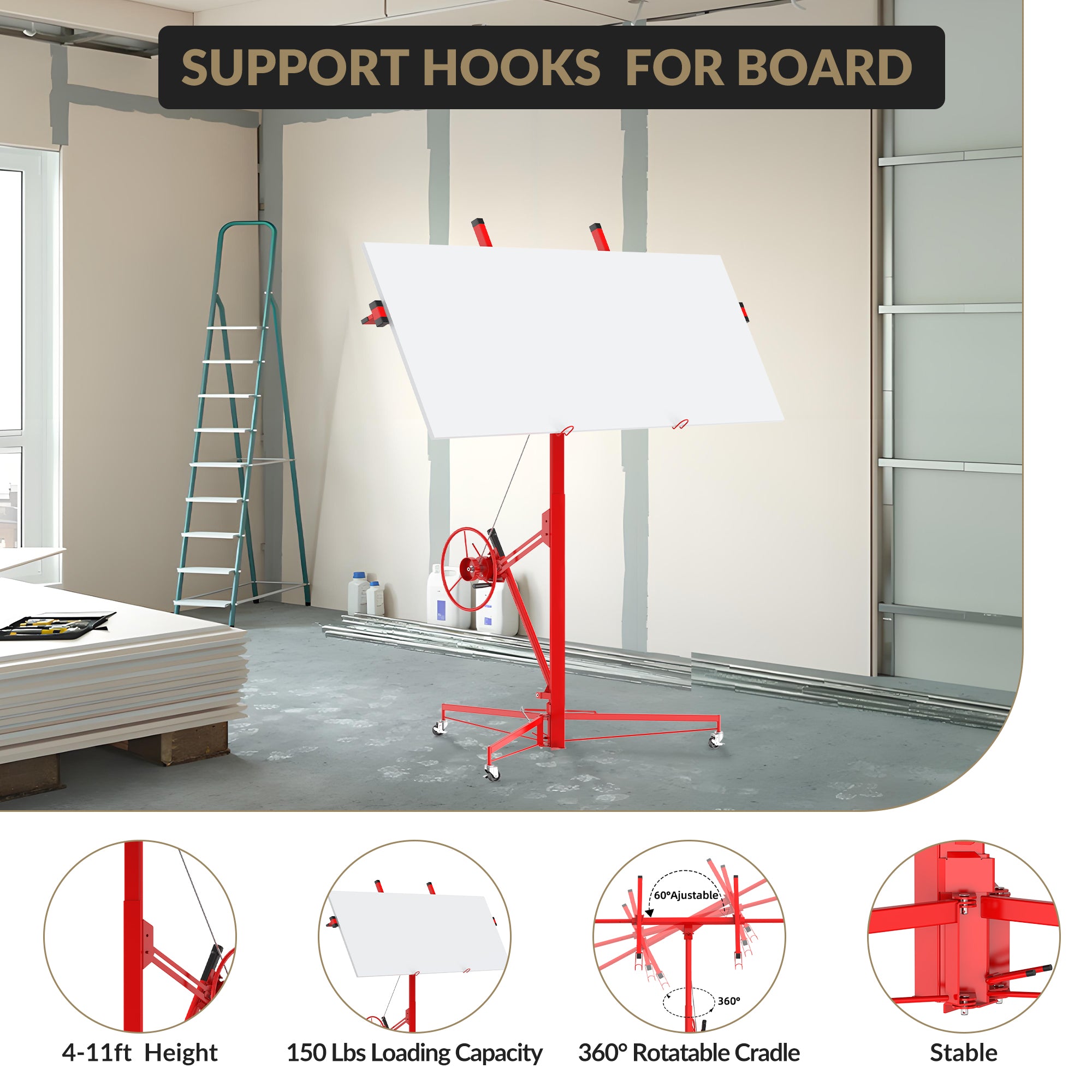 GARVEE 16ft Drywall Lift 150 lbs Capacity - 360° Adjustable Telescopic Arm with Locking Wheels for Sheetrock Panel Hoisting | Perfect for Ceiling Installation & DIY Home Renovation Projects