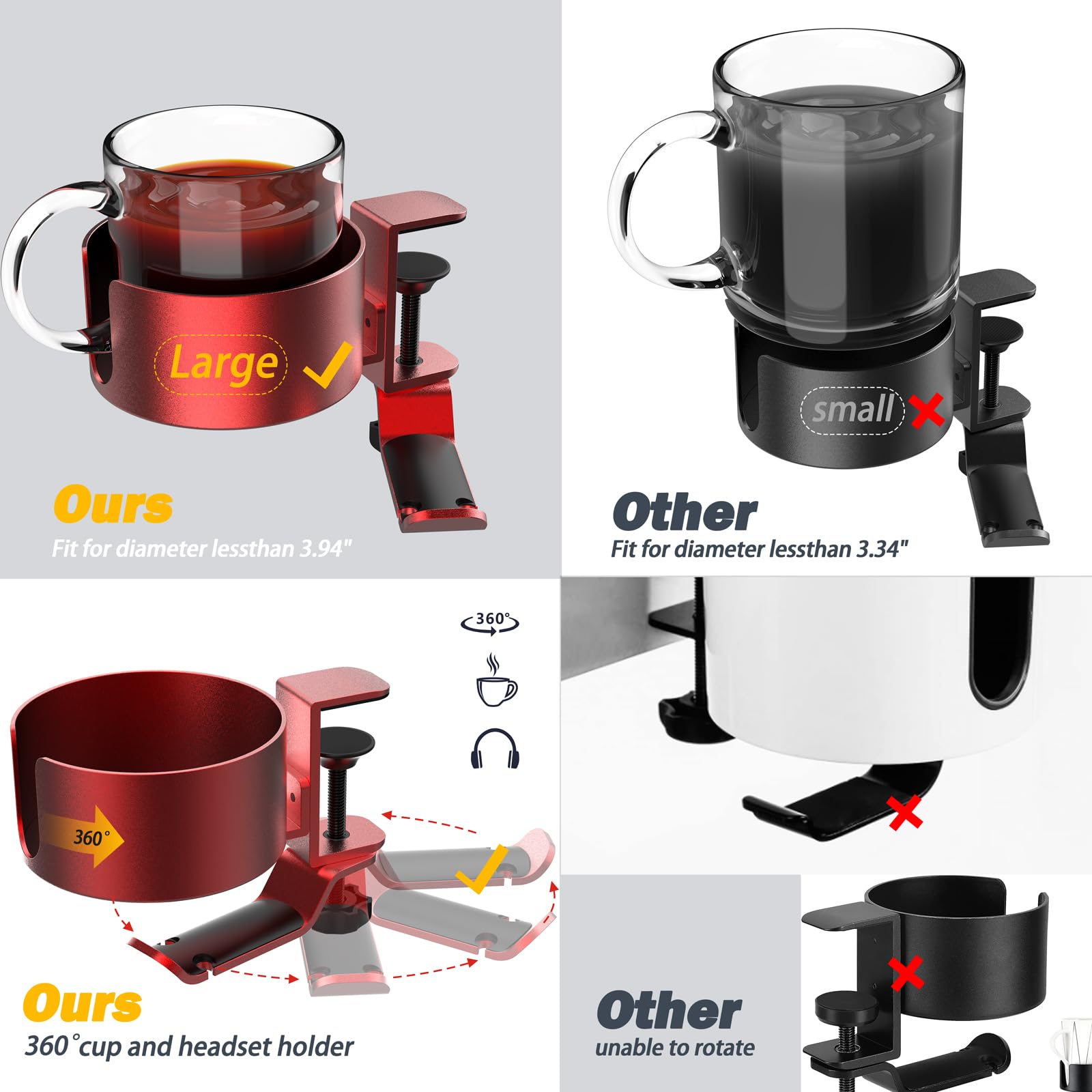 360° Rotating Under Desk Cup Holder & Headphone Hanger - Metal Clamp-on Organizer for Coffee Mugs, Water Bottles, Headsets & Pencils - Anti-Spill Gaming Desk Accessory (Red) - Perfect for Home Office, Gaming Setup & Workspace Organization