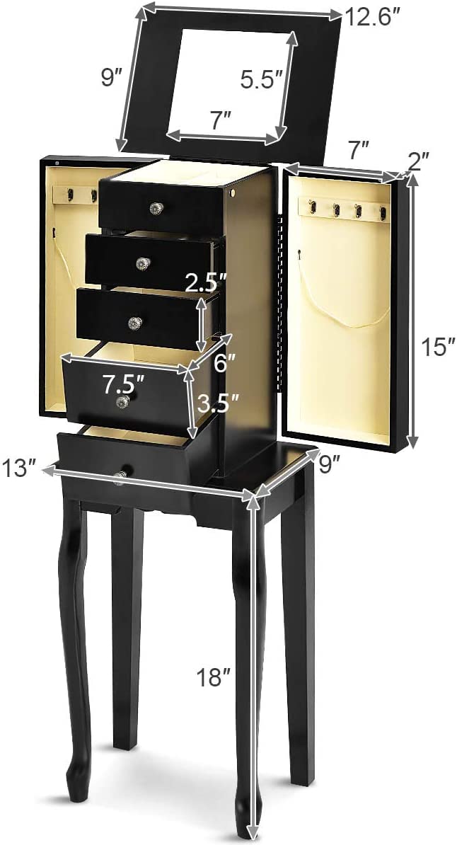 **LUARANE Jewelry Cabinet Armoire - 4 Drawers, 8 Necklace Hooks & Flip Top Mirror - Free Standing Jewelry Storage Organizer with 2 Side Swing Doors - Black - Perfect for Bedroom, Closet, or Dressing Room Organization**
