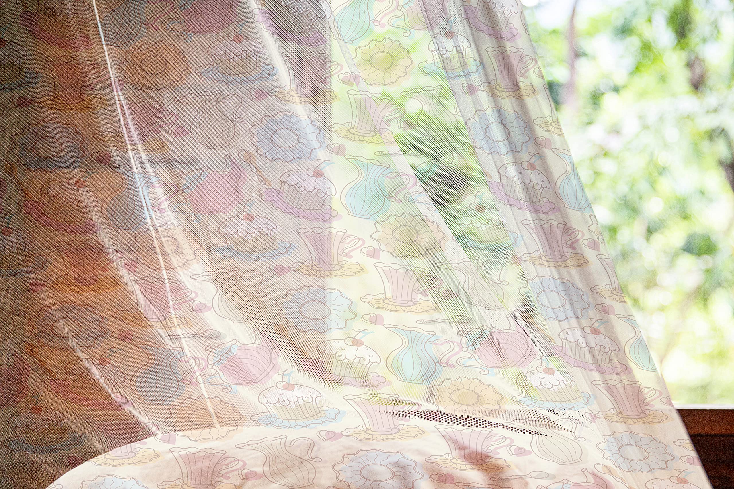 Ambesonne Tea Party Tulle Curtains - Hand-Painted Cake & Dish Design on Heart Pattern Sheer Drapes, Rod Pocket Window Curtains for Wedding, Birthday Party Decor (108