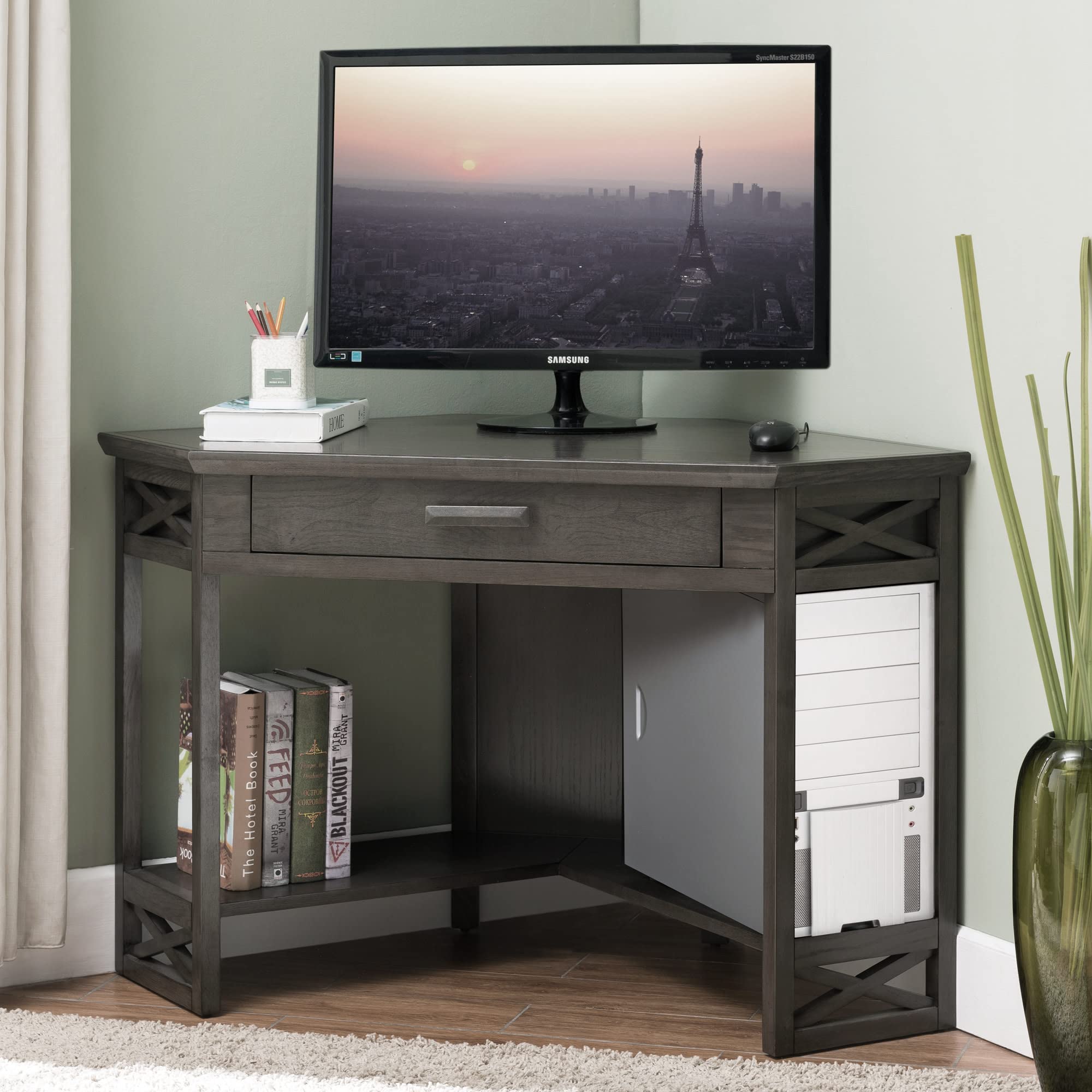 Leick Home 84430 Oak Corner Computer Desk with Drawer - Smoke Gray Writing Desk for Home Office, Study & Small Spaces | Compact Workstation for Laptops & Home Office Organization