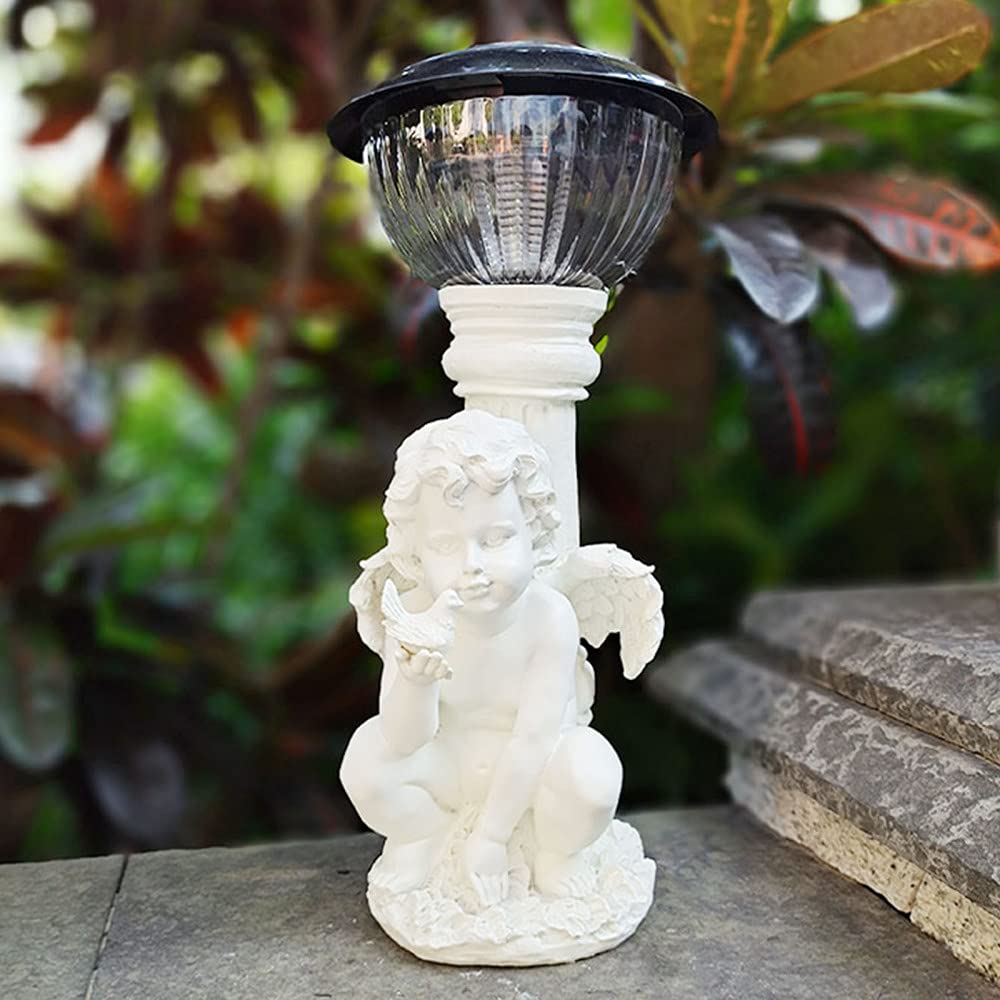 Solar Angel Statue - Outdoor Solar LED Cherub Garden Decor, Antique Resin Angel Figurine for Patio, Yard & Indoor Home Decor - Perfect for Garden Pathways, Terrace Lighting & Holiday Displays