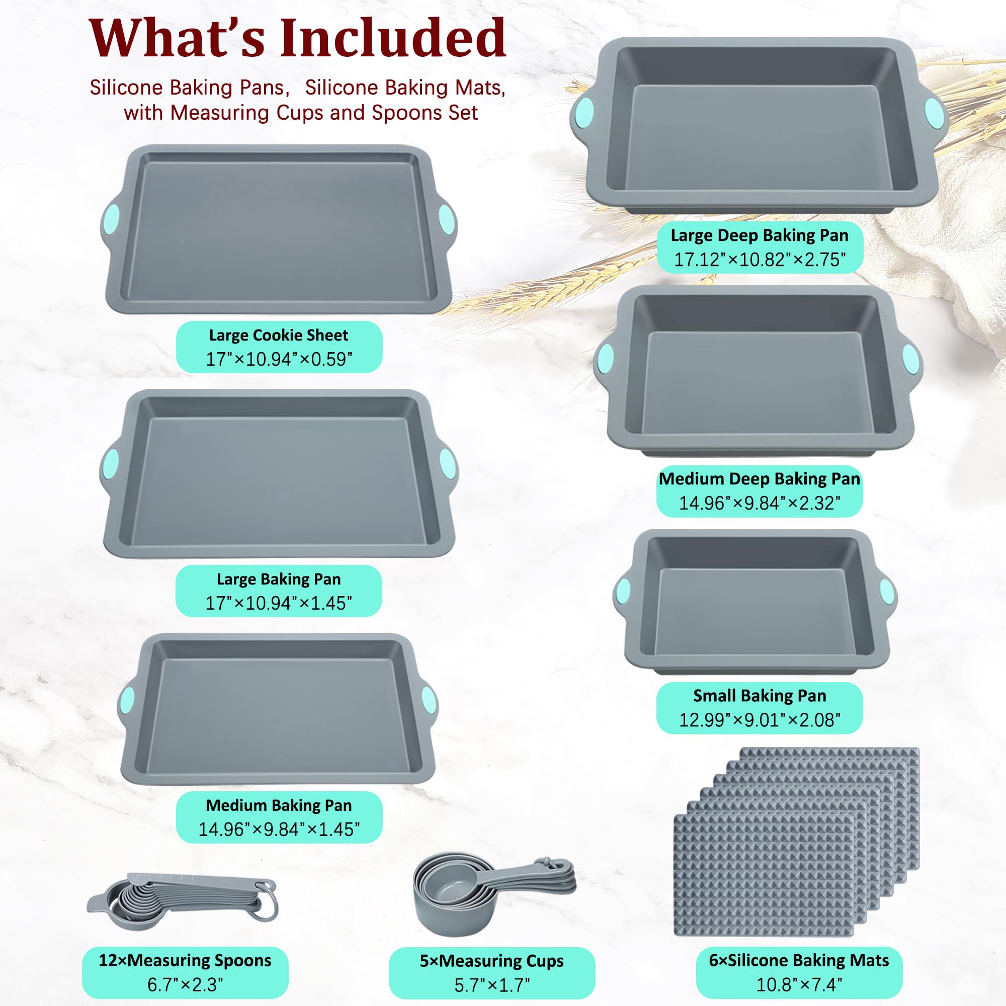 29-Piece Silicone Baking Pans Set with Metal Frame - Non-Stick Oven Bakeware Kit Includes Cookie Sheet, Cake Pans, Mats, Measuring Cups & Spoons (Light Grey) - Perfect for Home Baking, Holiday Treats & Party Desserts