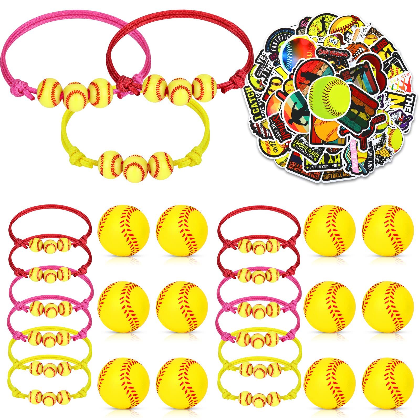 RUMIA 74PCS Softball Party Favors Kit - Charm Bracelets, Stress Balls, Stickers & Adjustable Wristbands - Perfect for Team Women, Sports Birthday & Mardi Gras Gifts | Great for Game Day Decorations, Player Appreciation & Themed Party Supplies