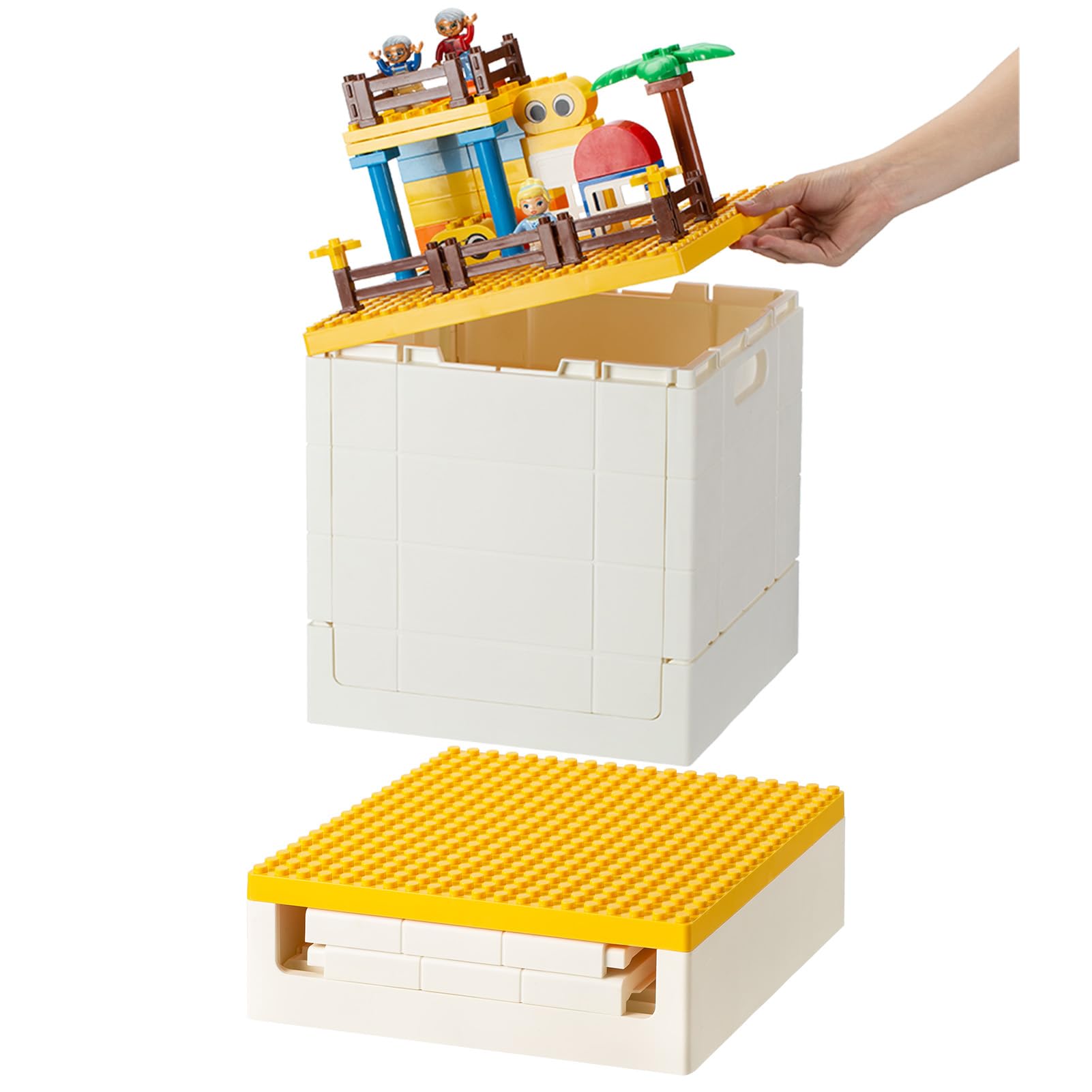SHIMOYAMA 26 Qt Folding Storage Box with Building Baseplate Lid - Collapsible Toy Organizer for Duplo Blocks & Mega Bloks - 25L Kids Bricks Storage Bin (Yellow) - Perfect for Playroom Organization & LEGO Storage Solutions