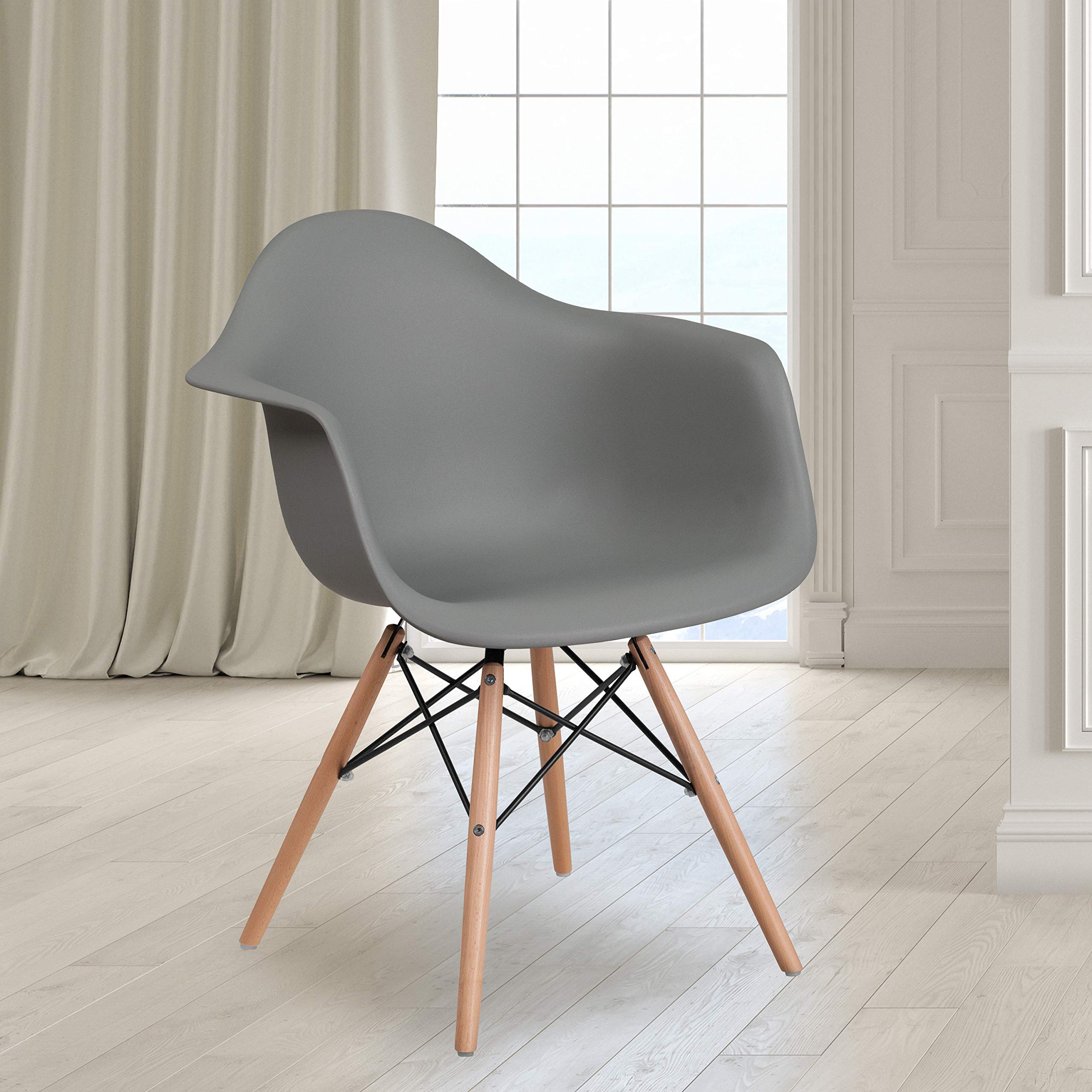 2 Pack Moss Gray Plastic Armchairs with Wooden Legs - Modern Accent & Side Chairs for Dining Room, Patio, Office and Outdoor Events