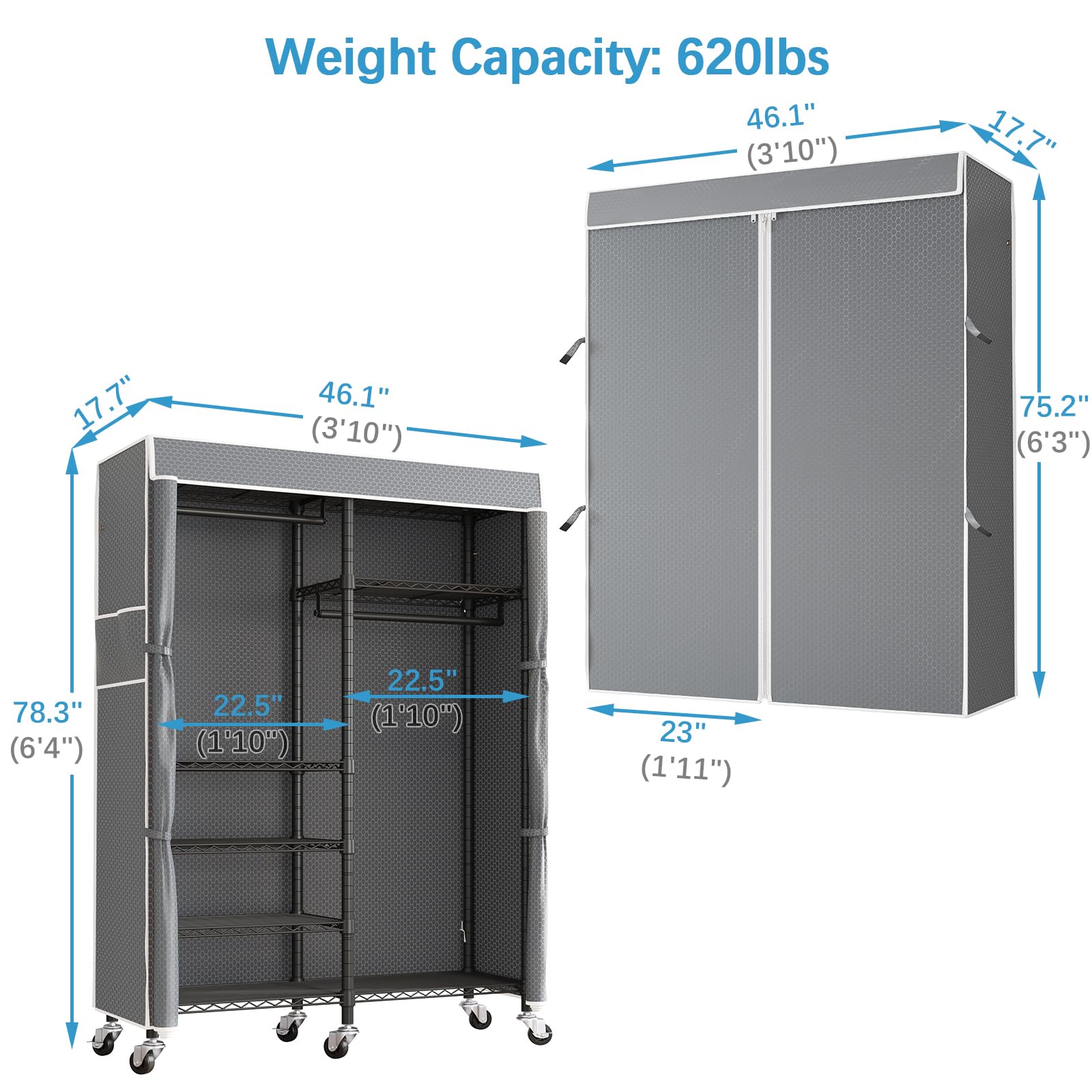 VIPEK R4C 6-Tier Adjustable Heavy Duty Rolling Garment Rack with Lockable Wheels - Black Metal Clothing Rack with Grey Polyester Cover (620lbs Capacity) - Perfect for Retail Stores, Boutiques, Closet Organization & Laundry Room Storage