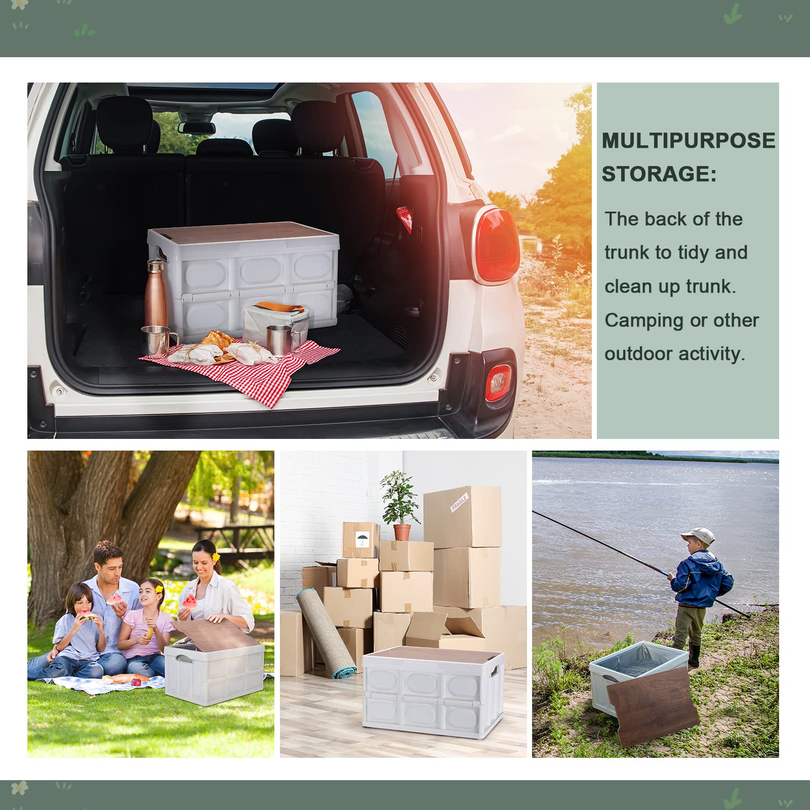 55L Collapsible Storage Bin with Wooden Lid - Waterproof Foldable Organizer for Groceries, Camping, Picnic - Perfect for Home, Car, Outdoor & Travel Storage
