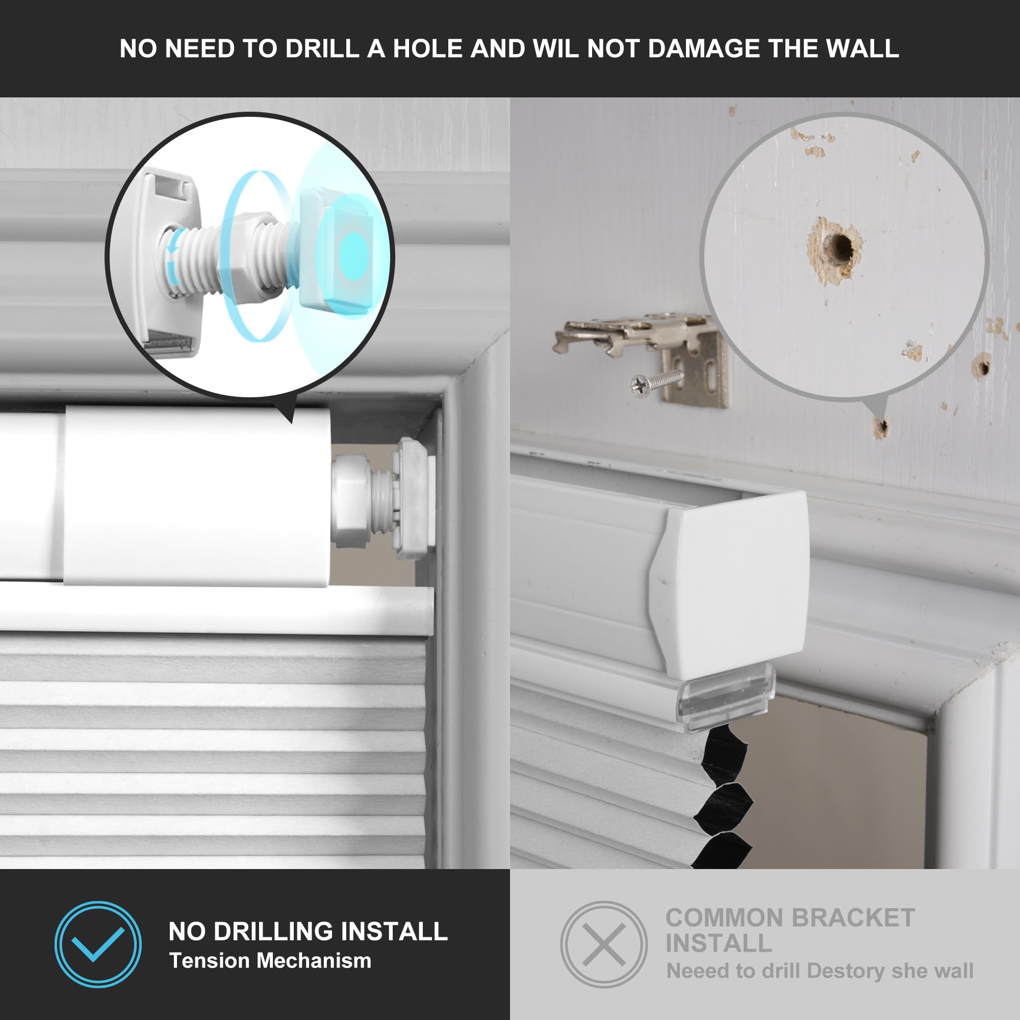 Boolegon No Drill No Tools Cellular Shades - Top Down Bottom Up Honeycomb Blinds, Blackout Cordless Window Coverings - Easy Install for Home & Office, Custom Size (Blackout-White) - Perfect for Bedrooms, Living Rooms & Home Theaters