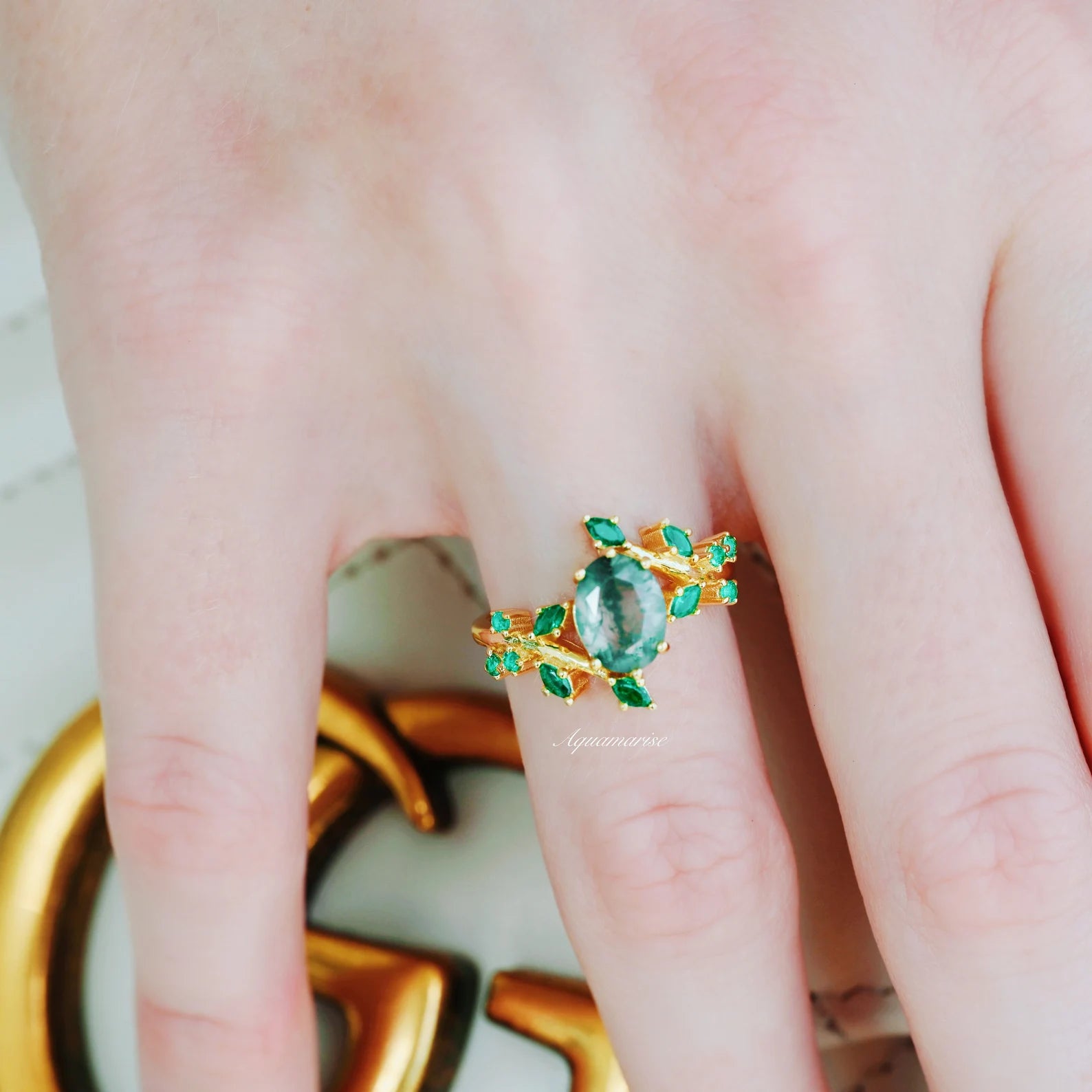 Green Moss Agate & Fire Opal Gold Leaf Couple Rings for Wedding, Anniversary, Promise - Handmade Boho Jewelry for Him & Her