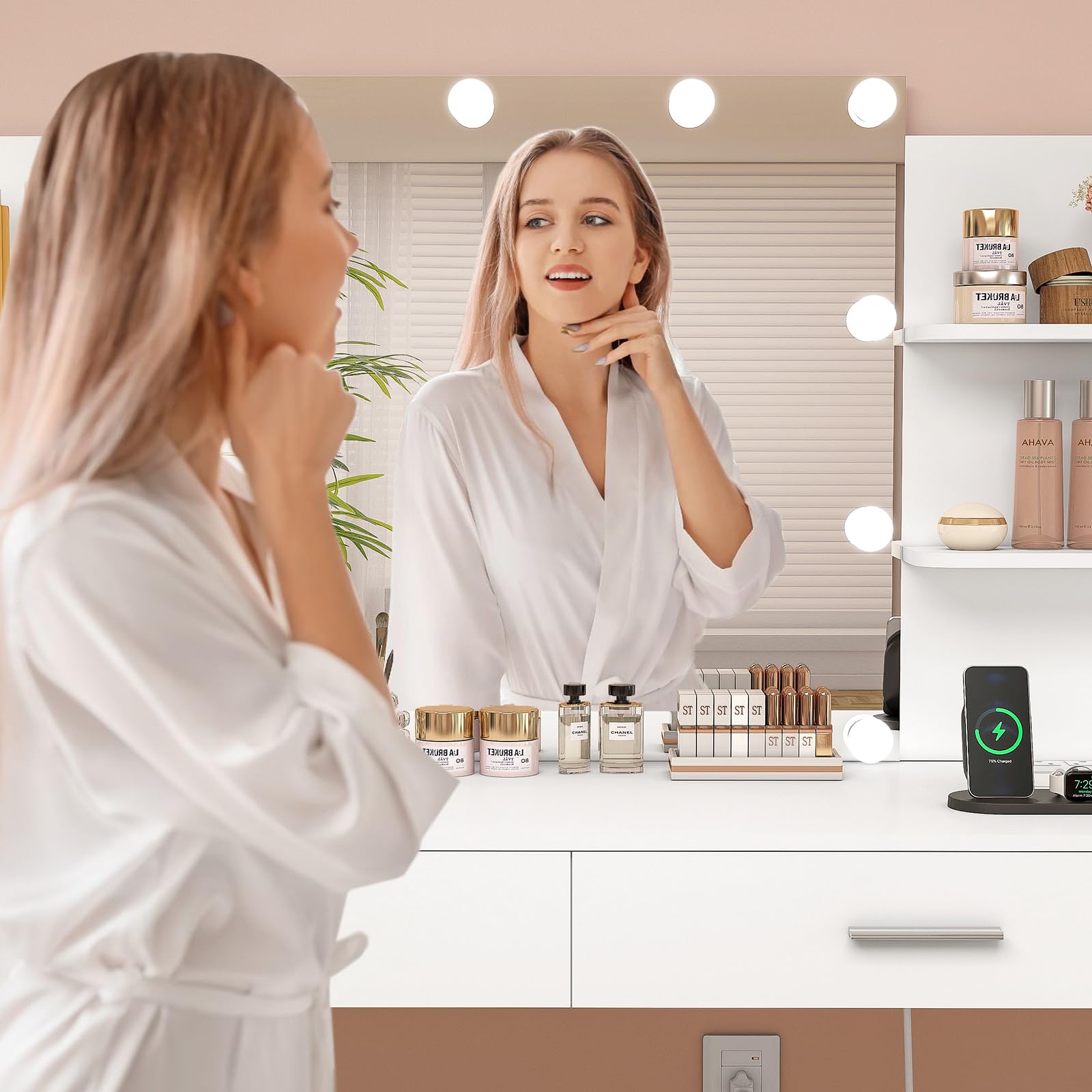 White Vanity Desk with Mirror & LED Lights - 2 Drawers & 6 Storage Shelves, Dressing Table with Power Outlet for Women & Girls - Perfect for Bedroom Makeup & Beauty Routine