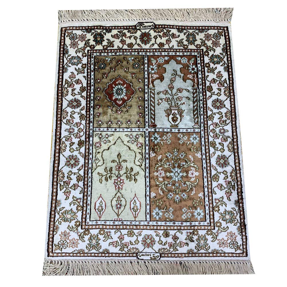 Premium Handmade 1.5x2ft Persian Silk Rug - Four Seasons Garden Design Non-Slip Entryway Carpet (Set of 2) for Living Room, Bedroom & Foyer Decor