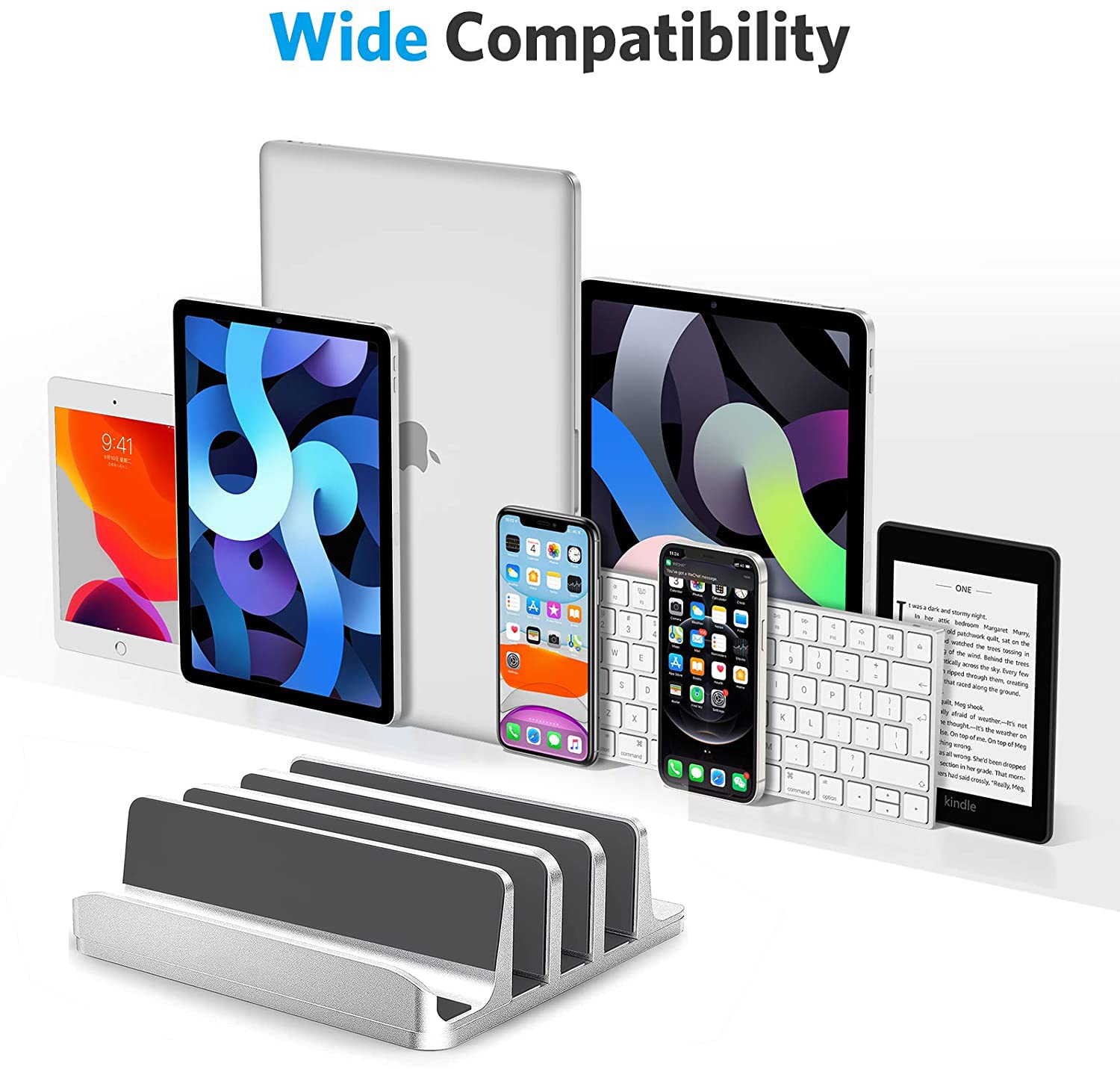 Adjustable 4-Slot Vertical Laptop Stand - Aluminum Desktop Holder for MacBook, PC, Tablet & Phone (Silver) | Space-Saving Office & Home Workspace Organizer