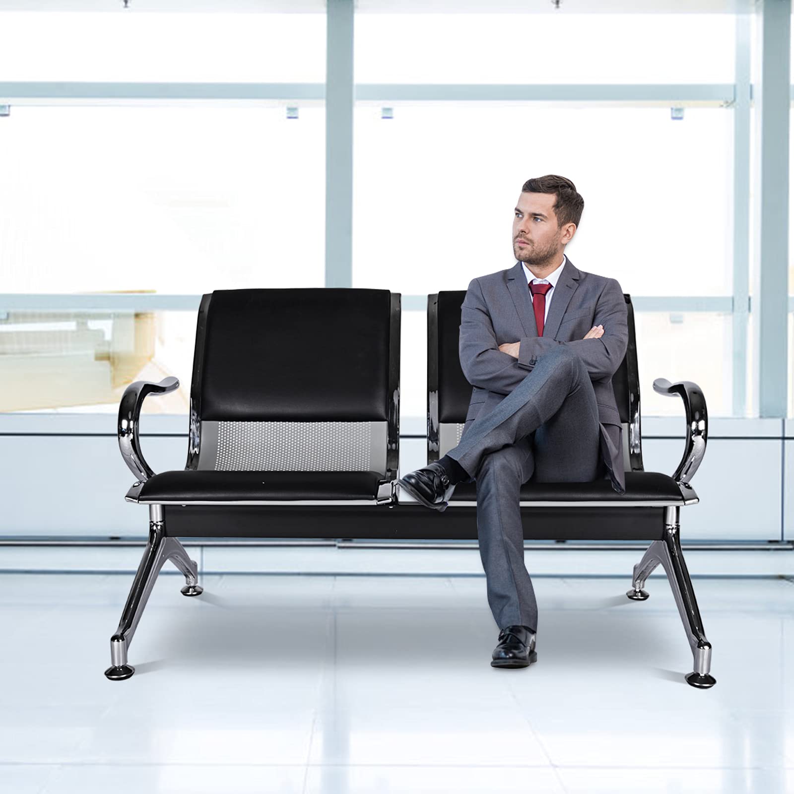 Kinfant Waiting Room Chairs - Comfortable Reception Guest Bench for Airport, Hospital, Bank, Salon & Barber Shop (PU Leather, Black) - Perfect for Lobby Seating, Waiting Areas and Public Spaces