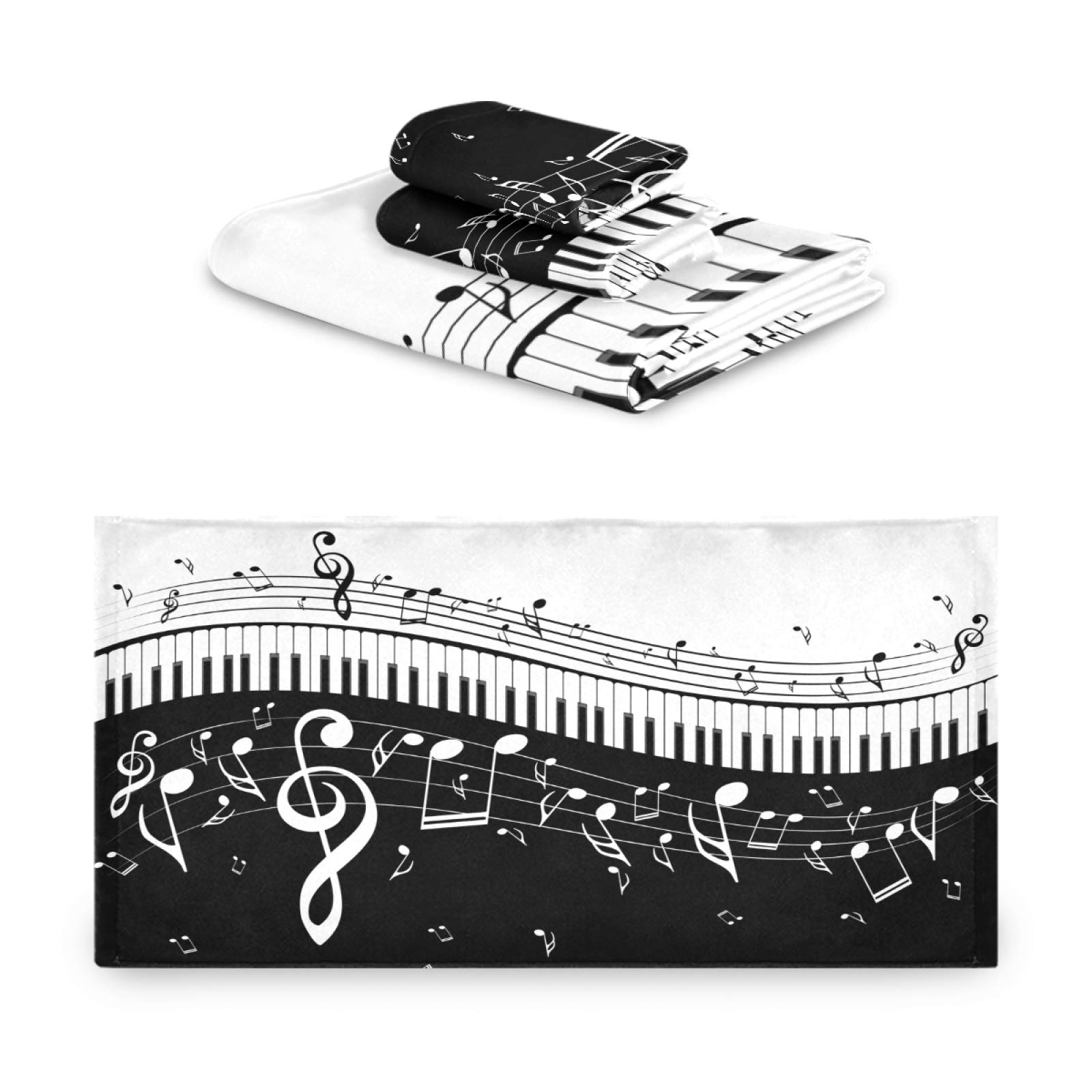 Susiyo 3-Piece Bath Towel Set - Ultra Soft & Highly Absorbent Piano Key Design with Musical Notes - Luxury Bath, Hand & Washcloth Set (27x52, 16x28, 12x12 Inches) - Perfect for Spa, Guest Bathrooms & Music Lovers