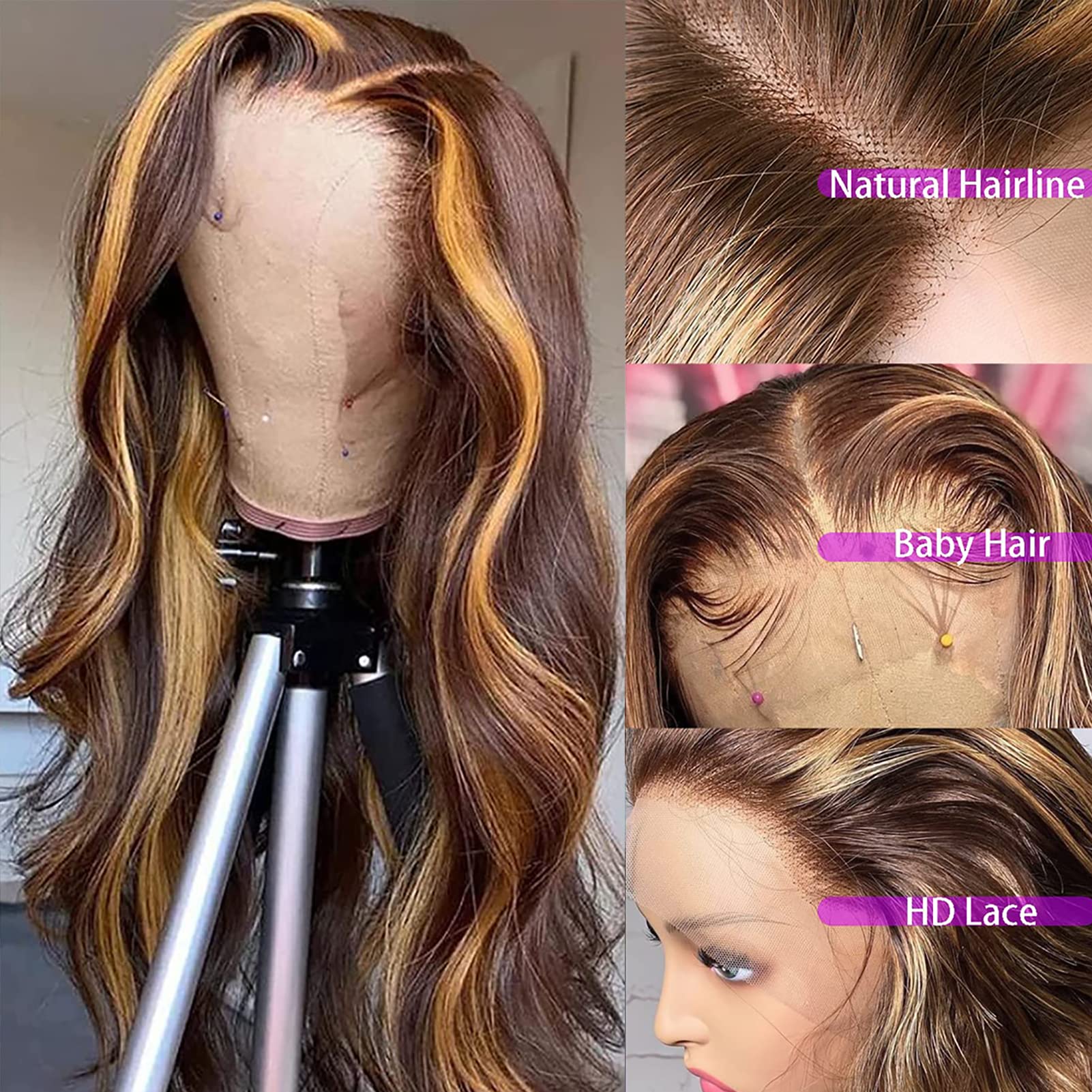 150% Density Body Wave Highlight 4/27 Lace Front Wig - Human Hair Glueless Pre-Plucked Transparent Lace Wig (22 Inch) for Everyday Wear, Parties & Special Occasions