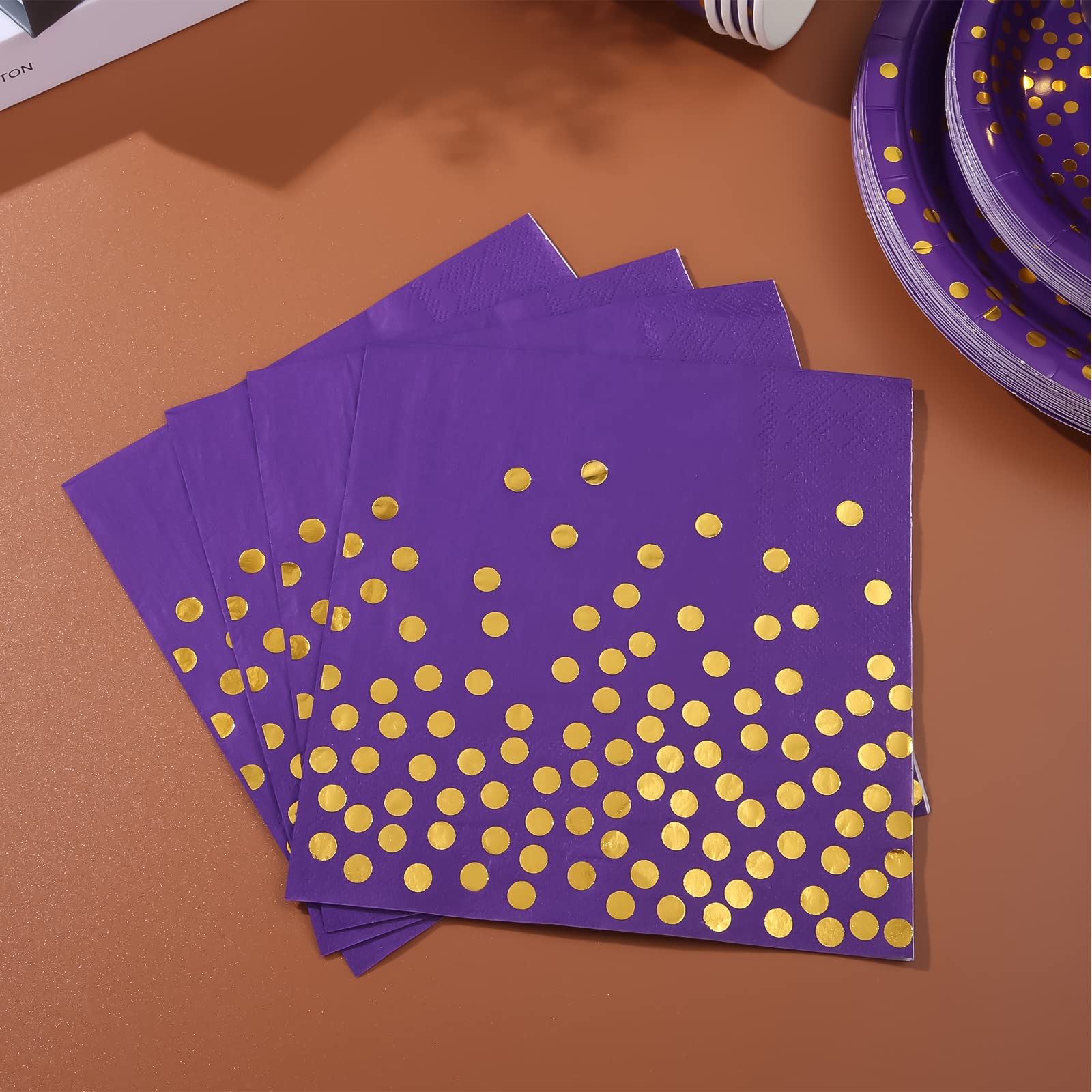 100-Pack Purple Cocktail Napkins with Gold Dots - Disposable Paper Dinner Napkins for Birthday, Anniversary, Wedding & Party Supplies - Perfect for Cocktail Hours, Bridal Showers, and Upscale Events