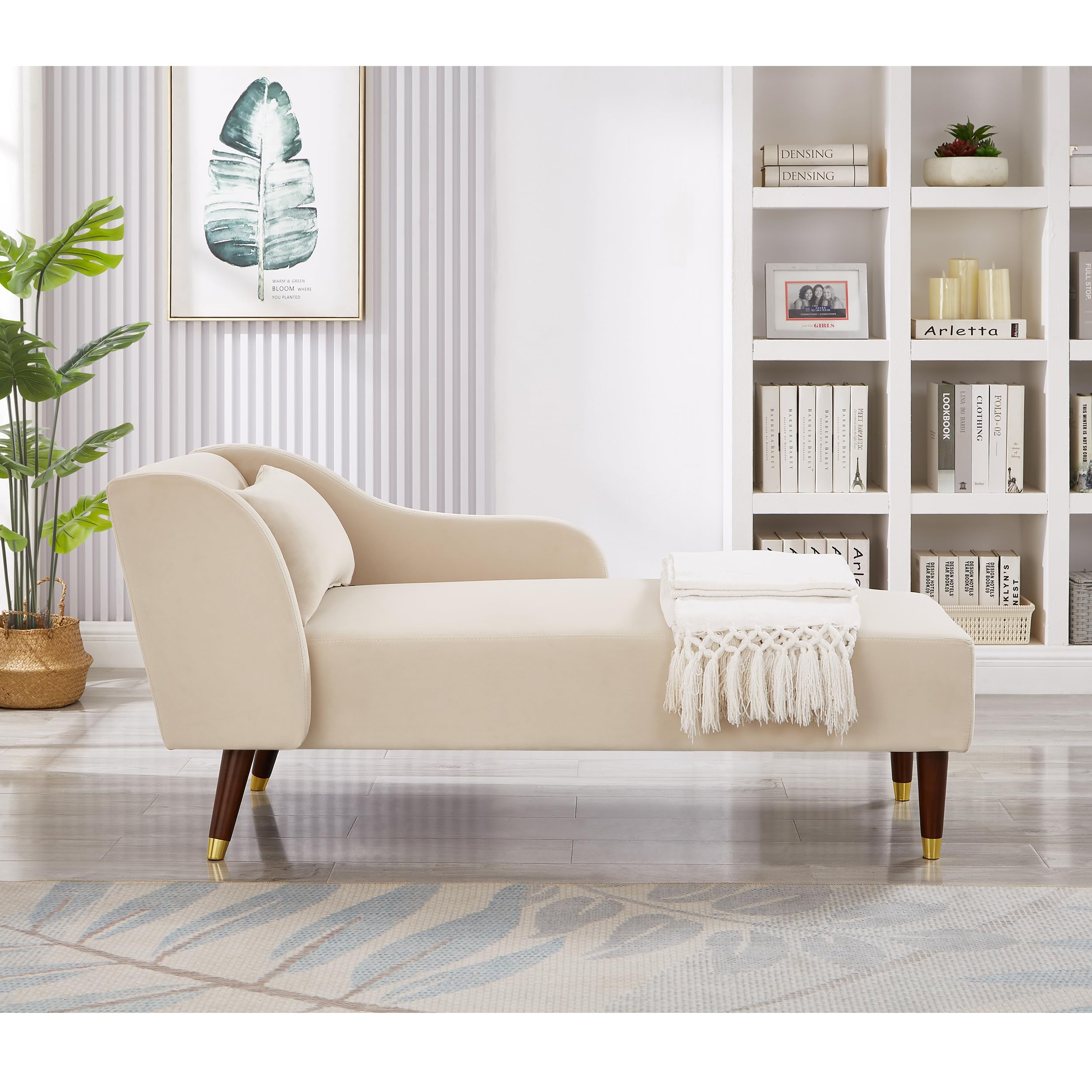 Velvet Upholstered Chaise Lounge Chair with Pillow - Solid Wood Legs Modern Indoor Lounge Chair for Living Room, Bedroom & Office - Beige - Perfect for Relaxing, Reading & Home Decor