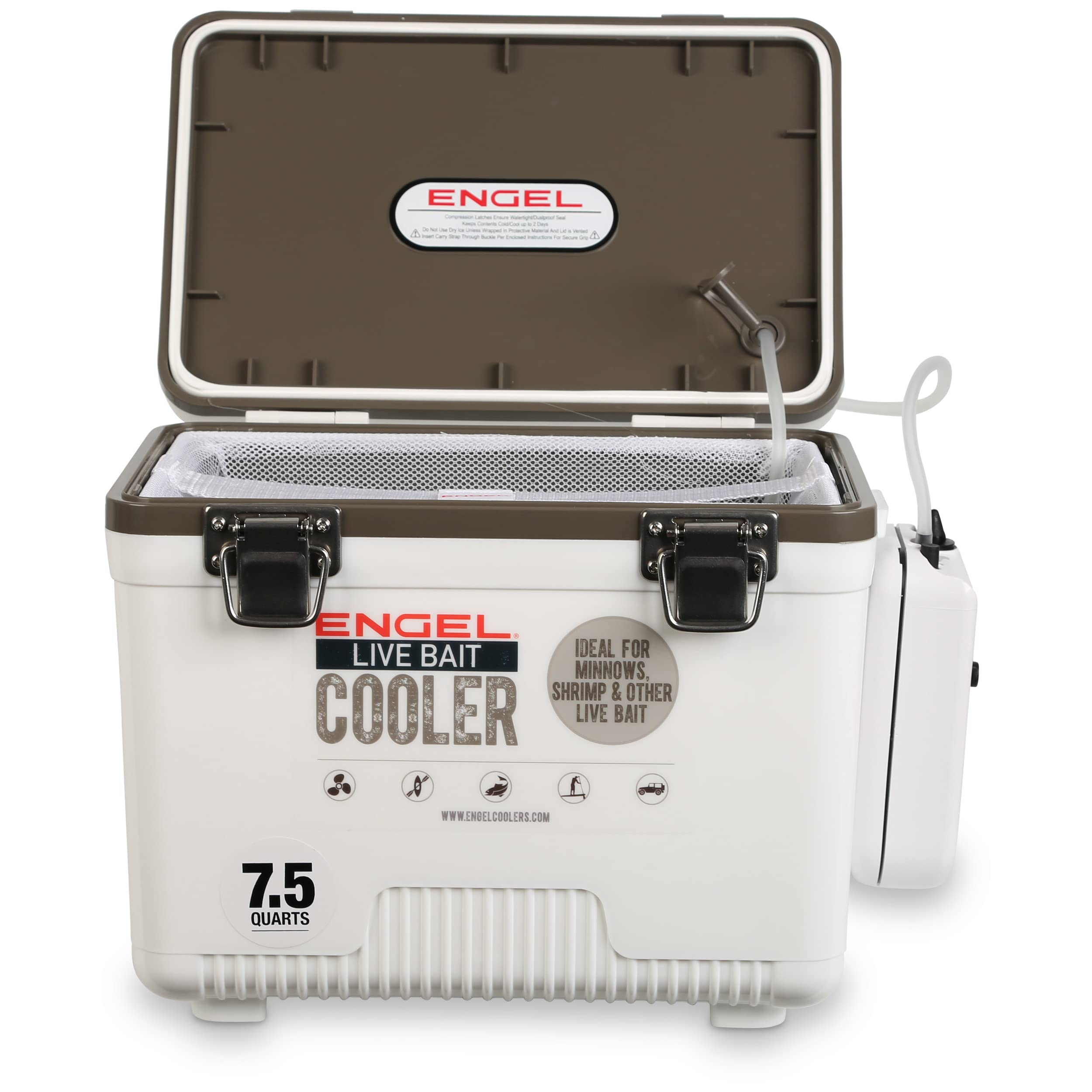 Engel Live Bait Cooler Box with 2nd Gen 2-Speed Aerator Pump - Portable Fishing Bait Station & Minnow Bucket for Shrimp, Crabs & Live Fish - Ideal for Freshwater & Saltwater Fishing Trips - ENGLBC-N