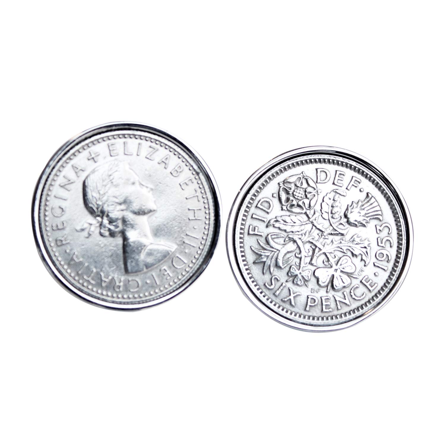 Vintage 1953 English Sixpence Rhodium-Plated Cufflinks - Elegant Birthday & Anniversary Gift for Men - Perfect for Weddings, Formal Events & Special Occasions