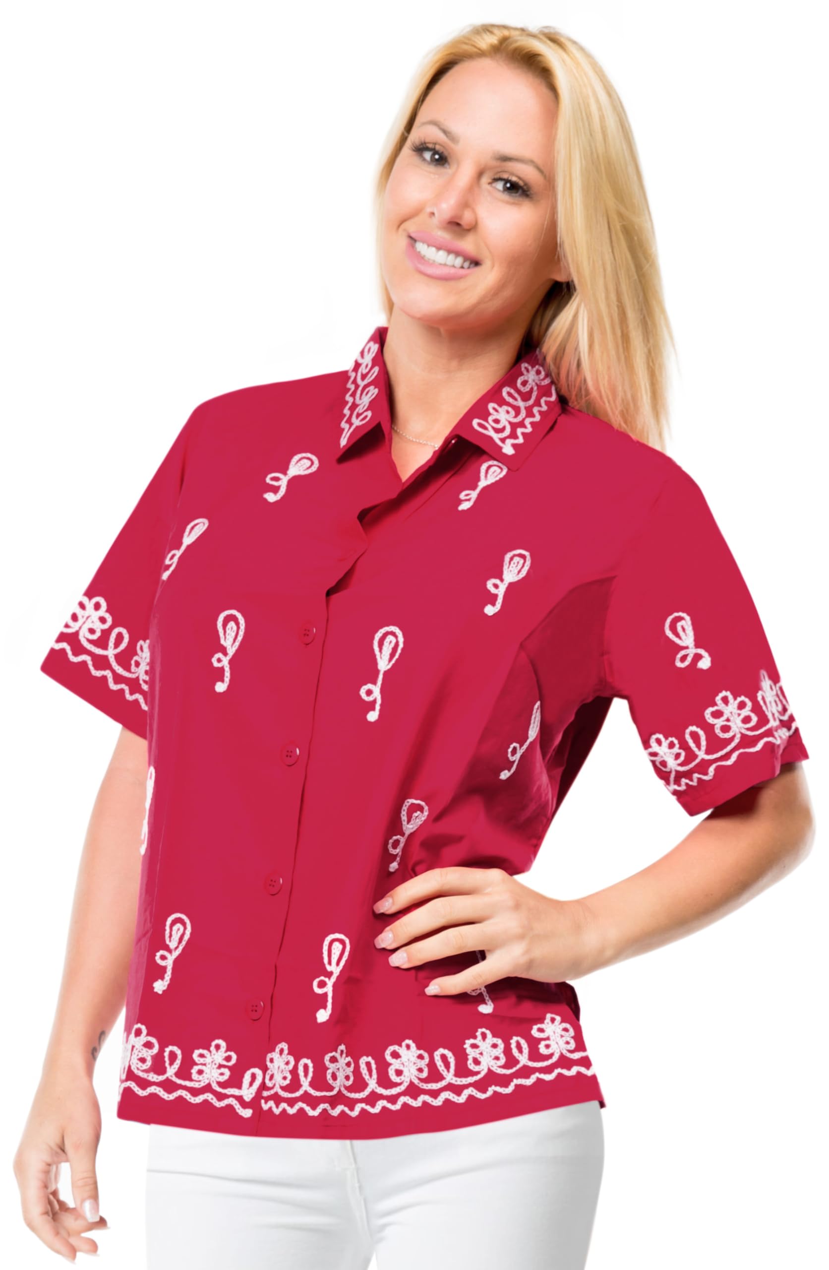 LA LEELA Women's Hawaiian Short Sleeve Beach Blouse - Floral Print Vacation Shirt for Summer, Pool Party & Tropical Getaways