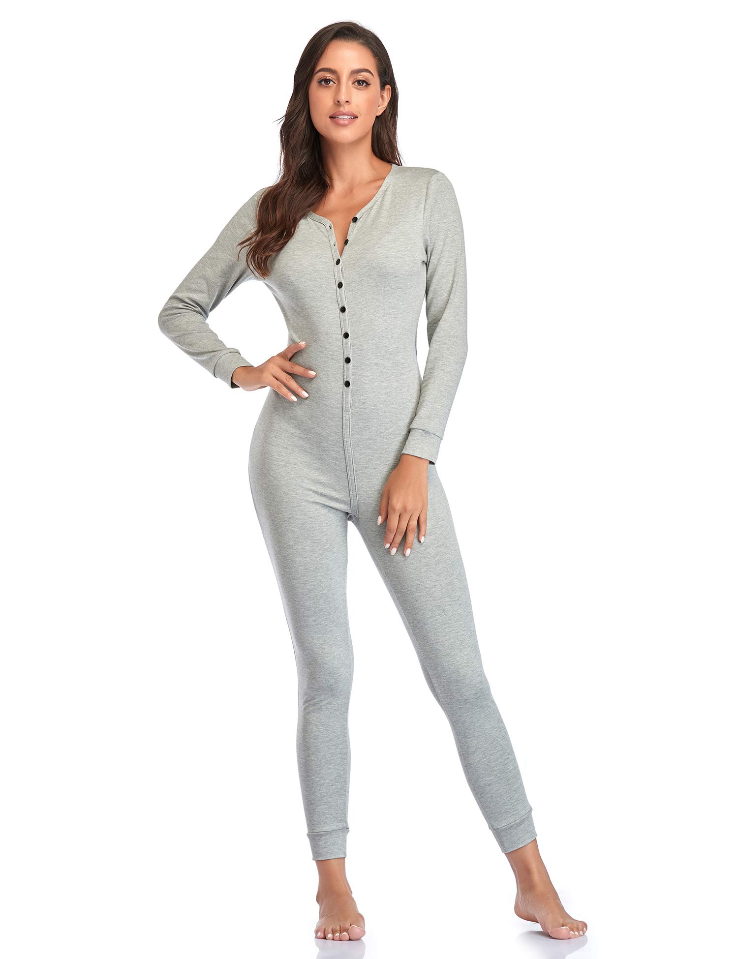 COLORFULLEAF Women's Cotton Pajama Onesie - Thermal One-Piece Union Suit with Henley Neck | Cozy Sleepwear for Winter Nights, Lounge Wear & Home Comfort
