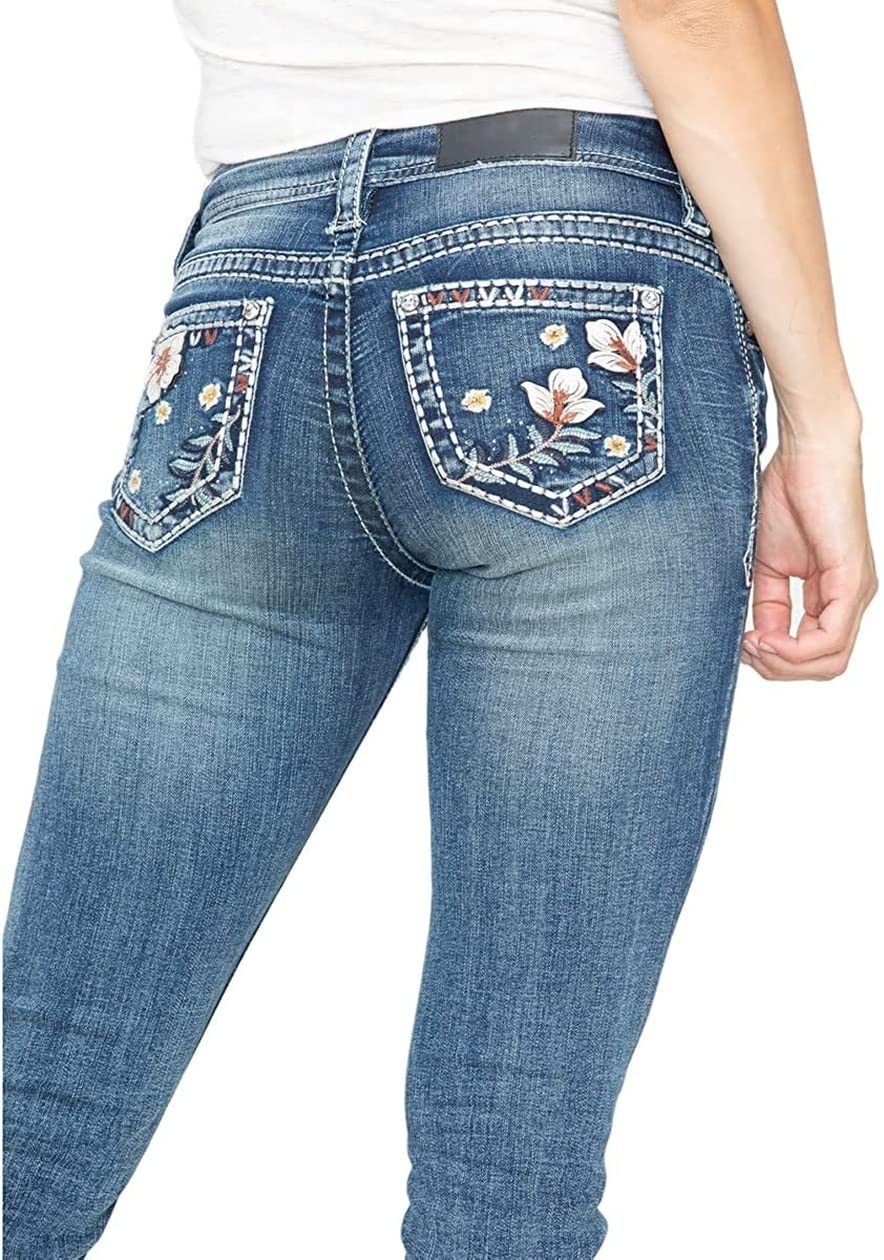 Vintage Washed Mid-Rise Slim Stretch Bootcut Jeans for Women - Curvy Fit with Embroidery Denim - Perfect for Casual Wear, Date Nights & Boho Style Outfits