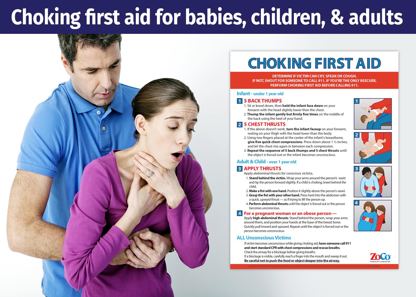 20 Pack Choking First Aid Posters - Laminated Heimlich Maneuver Charts (17