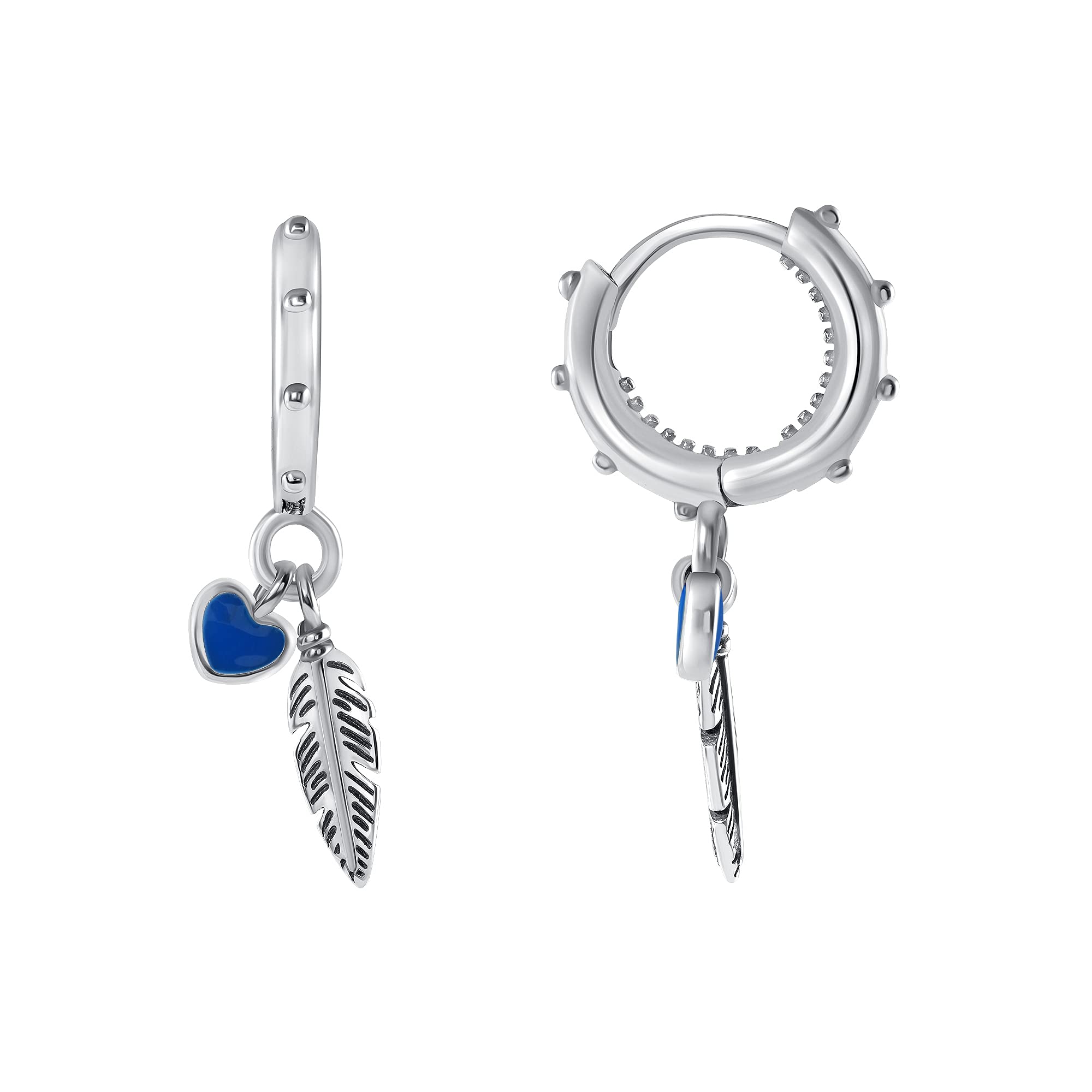 925 Sterling Silver Heart and Feather Charm Hoop Earrings for Women - Dainty Boho Jewelry Gift for Valentine's Day, Anniversary or Everyday Wear