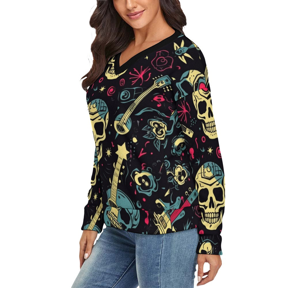 Punk Rock Skulls V-Neck Long Sleeve Sweater for Men & Women | Gothic Fashion, Alternative Clothing | Perfect for Concerts, Halloween & Streetwear