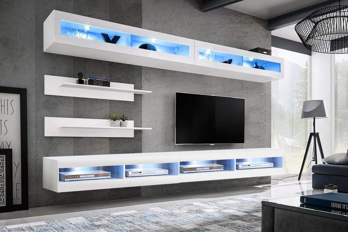 Modern White Wall-Mounted TV Stand with Storage Shelves & LED Lights - 34