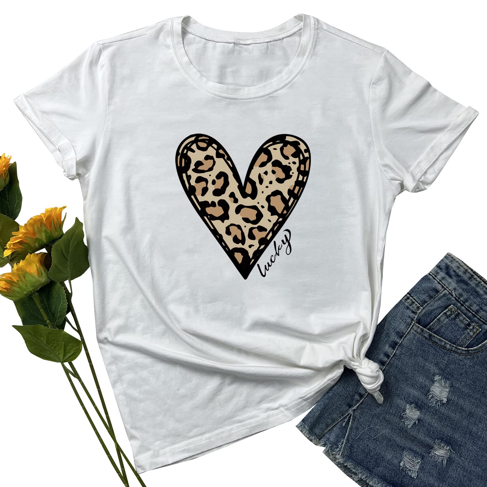 YITAN Women's Cute Leopard Heart Graphic T-Shirt - Trendy Casual Tee for Everyday Wear, Date Nights & Weekend Outfits