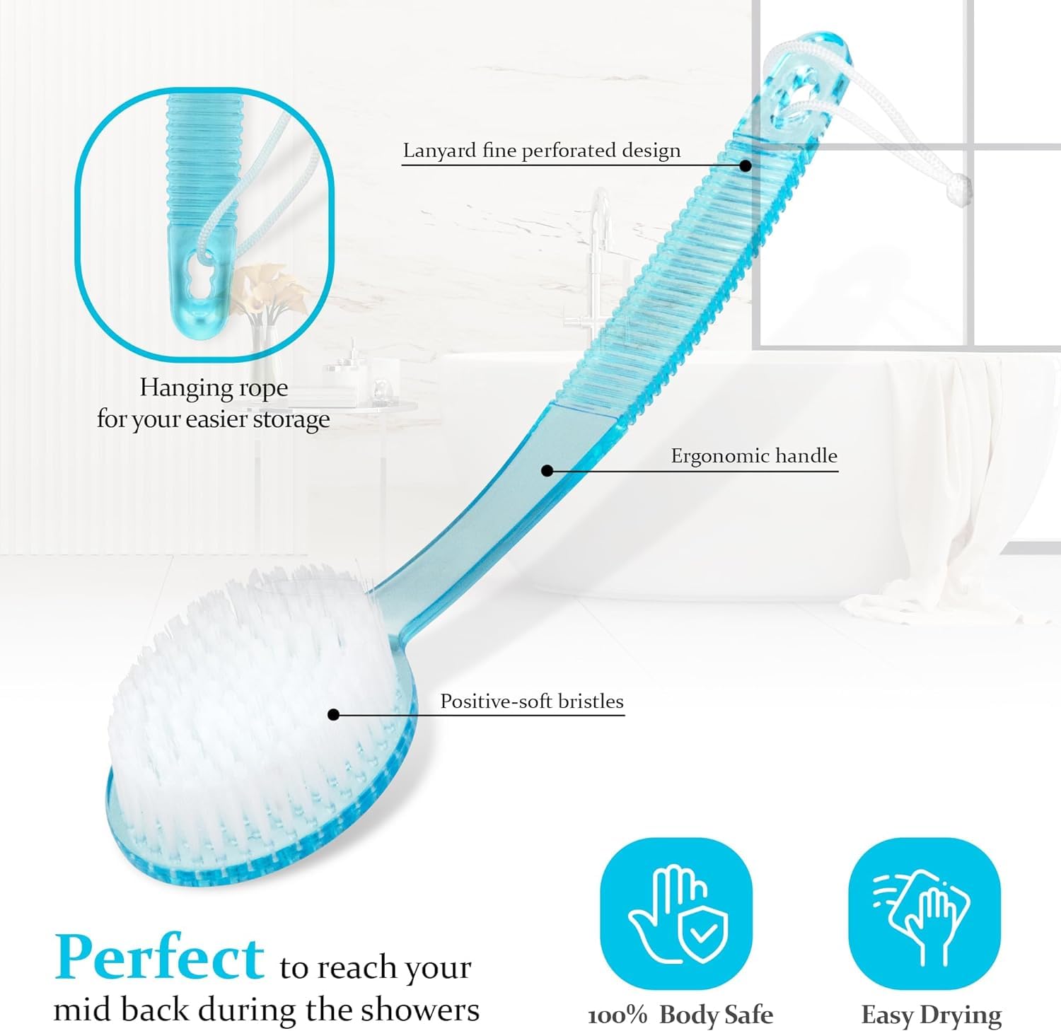 KYNA Long Handle Soft Bristle Bath Brush - Exfoliating Body Scrubber for Men & Women (Random Colors) | Back Scrubber for Shower, Bath & Spa | Perfect for Exfoliation & Deep Cleaning