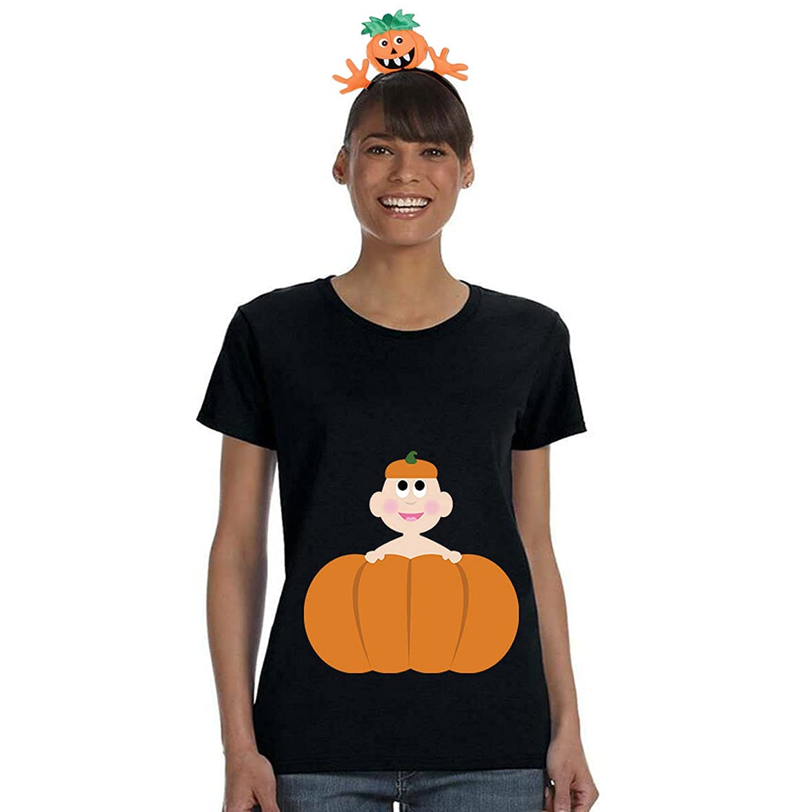 Halloween Costume Pumpkin Baby Maternity T-Shirt with Jack-O-Lantern Headband - Cute Outfit for Baby Showers, Gender Reveals & Fall Photoshoots