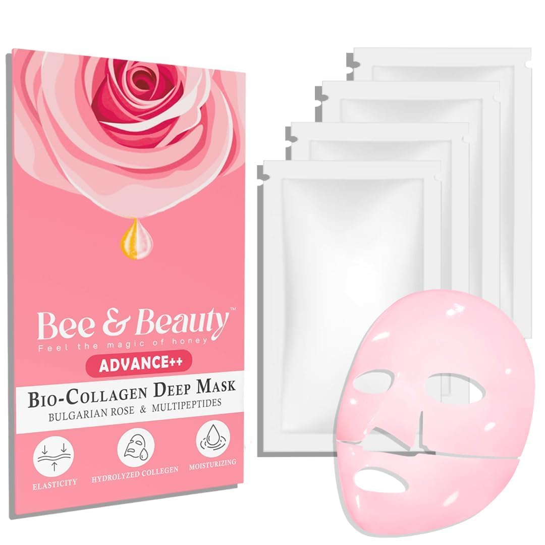 Bee and Beauty Bio-Collagen Pink Deep Mask - Hydrating Skincare Treatment with Bulgarian Rose & Multi-Peptides for Rejuvenation & Elasticity (4-Pack) | Perfect for Nighttime Routine & Spa Days