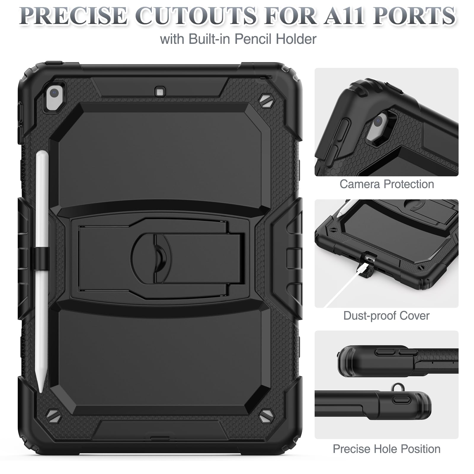 SEYMAC 3-Layer Drop Proof Case for iPad 9th/8th/7th Generation 10.2 Inch (2021/2020/2019) - Built-in Screen Protector, Multi-Angle Kickstand & Pencil Holder - Protective Cover for iPad 10.2