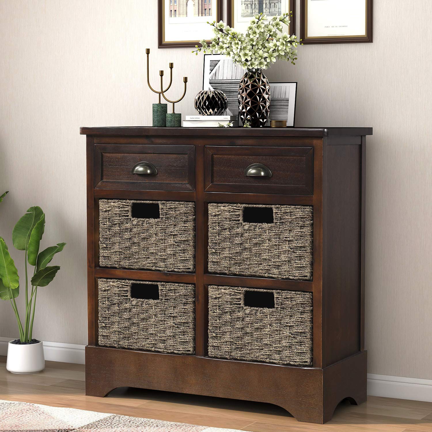 Rustic Wood Storage Cabinet with 2 Drawers & 4 Rattan Baskets - Entryway Table for Kitchen, Dining Room, Living Room - Perfect for Home Organization & Farmhouse Decor (Espresso Finish)