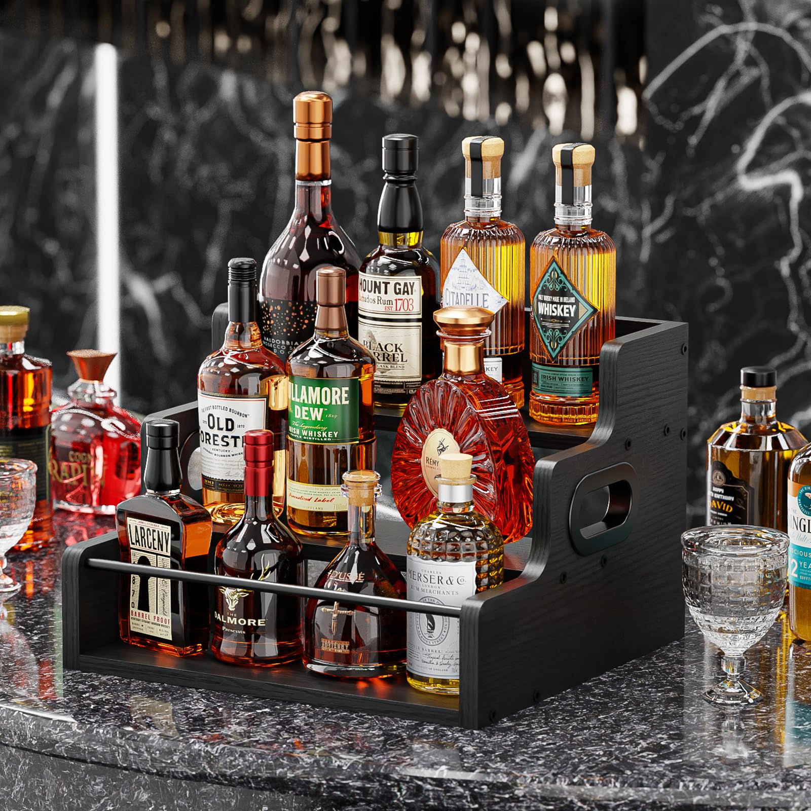 3-Tier Black Retro Liquor Bottle Display Shelf - Countertop Wine Rack Organizer for Whiskey, Spirits & Coffee Syrups | Perfect for Home Bars, Mini Bars & Kitchen Counter Organization