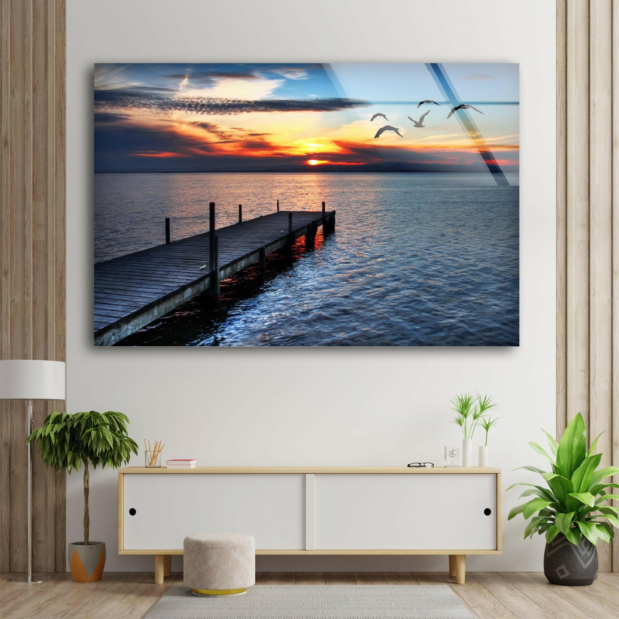 Sunset Birds Flock Glass Wall Art - Stunning Home & Office Décor for Living Room, Bedroom, or Entryway