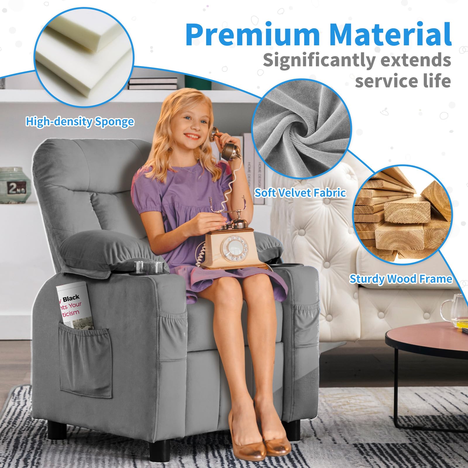 Kids Recliner Chair with Cup Holder - Adjustable Toddler Lounge Chair with Footrest & Side Pockets - Soft Velvet Baby Sofa for Boys & Girls Bedroom (Gray) - Perfect for Reading, Watching TV & Relaxing in Nursery or Playroom