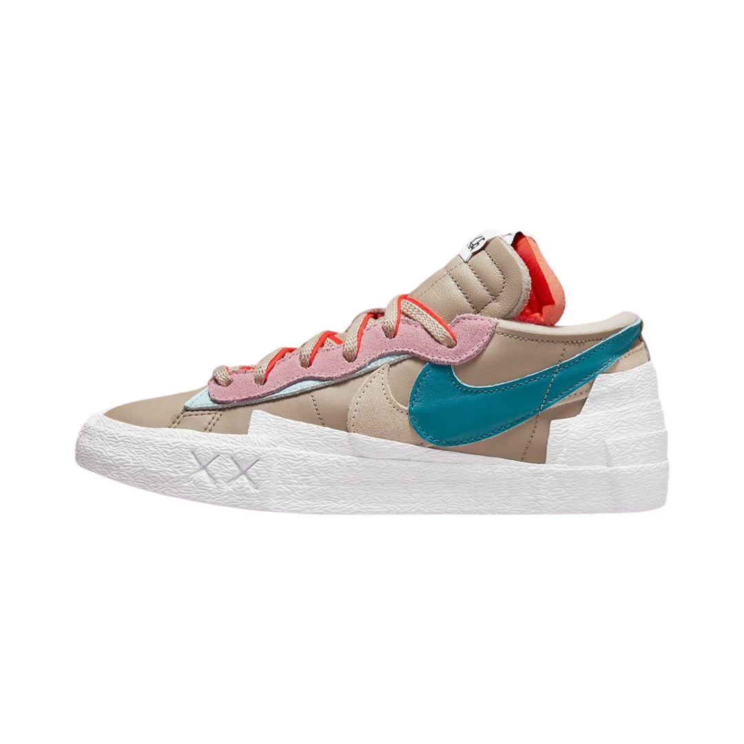 KAWS x Nike x Sacai Blazer Low Sneakers - Reed Bright Spruce White Colorway - Limited Edition Collab Shoes for Streetwear & Sneaker Collectors | Perfect for Casual Wear, Sneakerhead Collections & Urban Fashion
